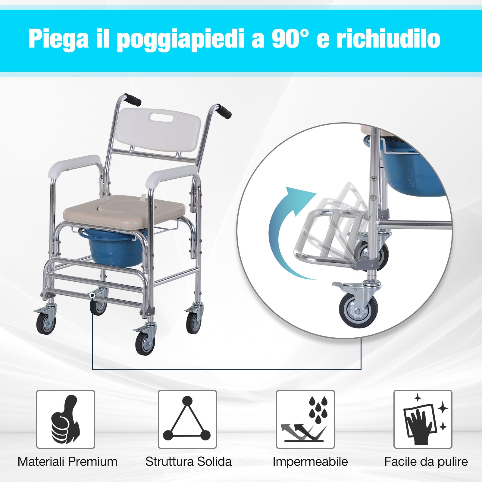 Easycomfort Sedia a Rotelle Impermeabile with WC Seduta in Ecopelle, 4 Ruote, Vaso Rimovibile per Anziani/Disabili, 84x54x96cm
