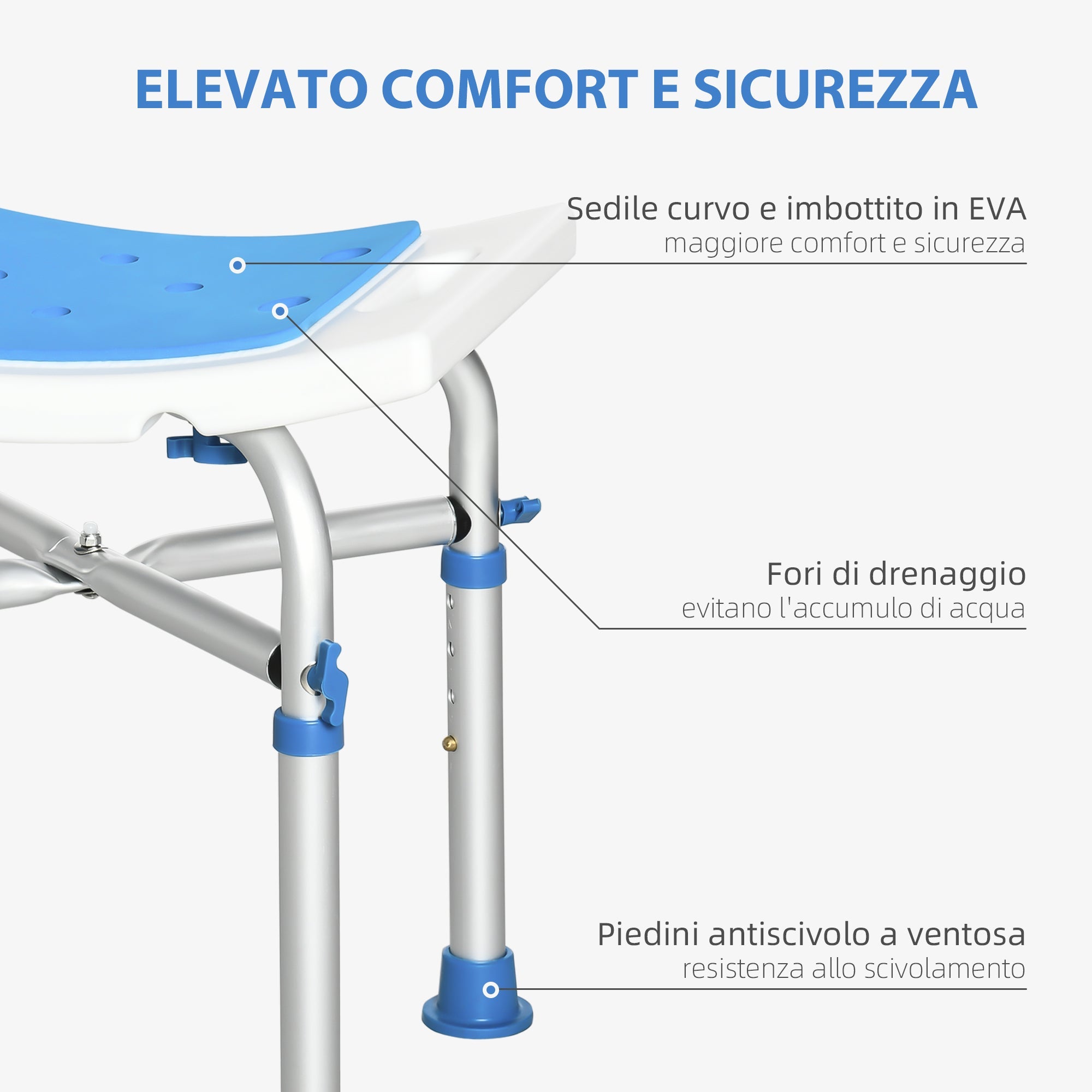 Easycomfort Sgabello per Doccia in Alluminio with Altezza Regolabile e Piedini Antiscivolo a Ventosa, Blu