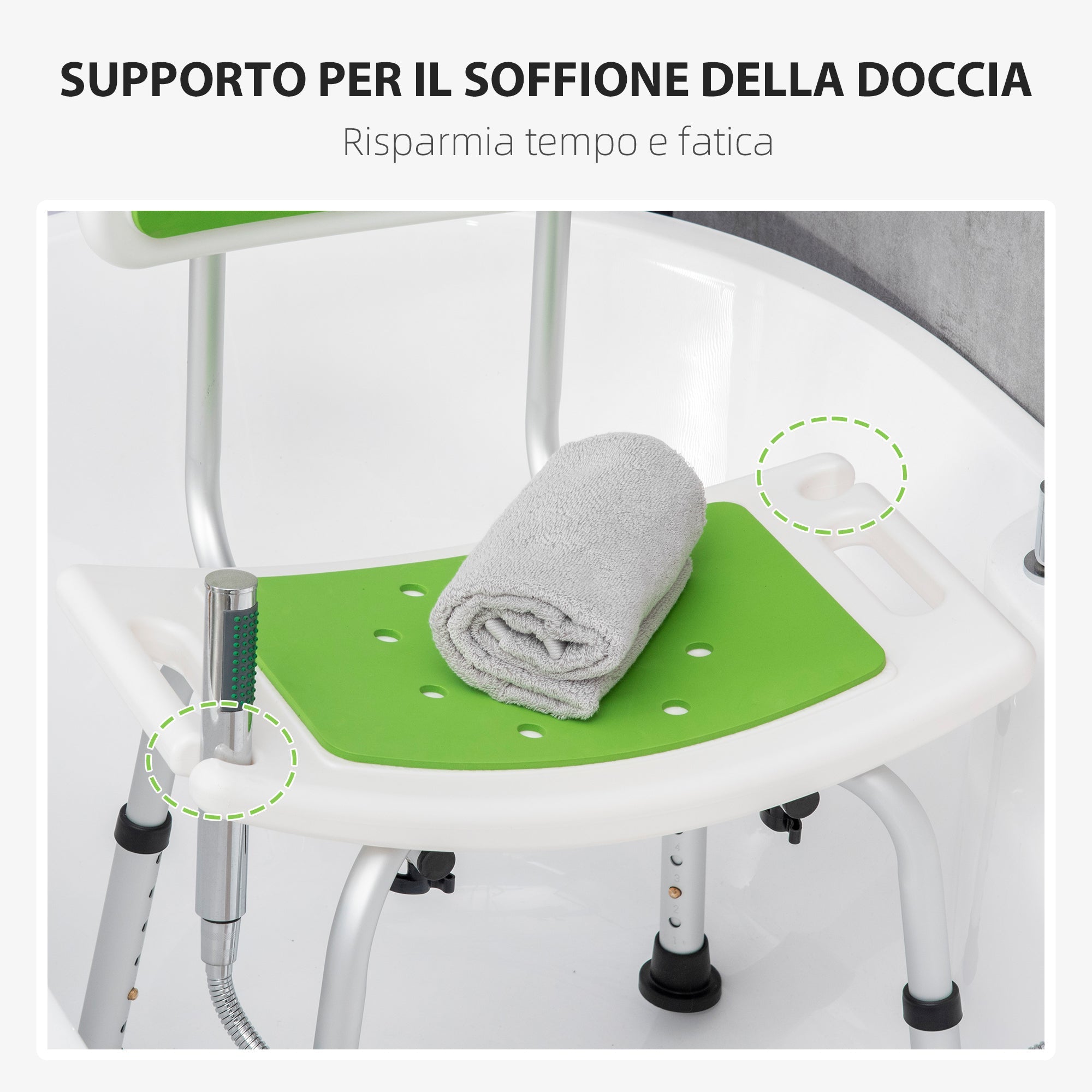 Easycomfort Sedia per Doccia in Alluminio ed EVA with Altezza Regolabile su 6 Livelli e Schienale Ricurvo, 51.5x49.5x68.5-81 cm