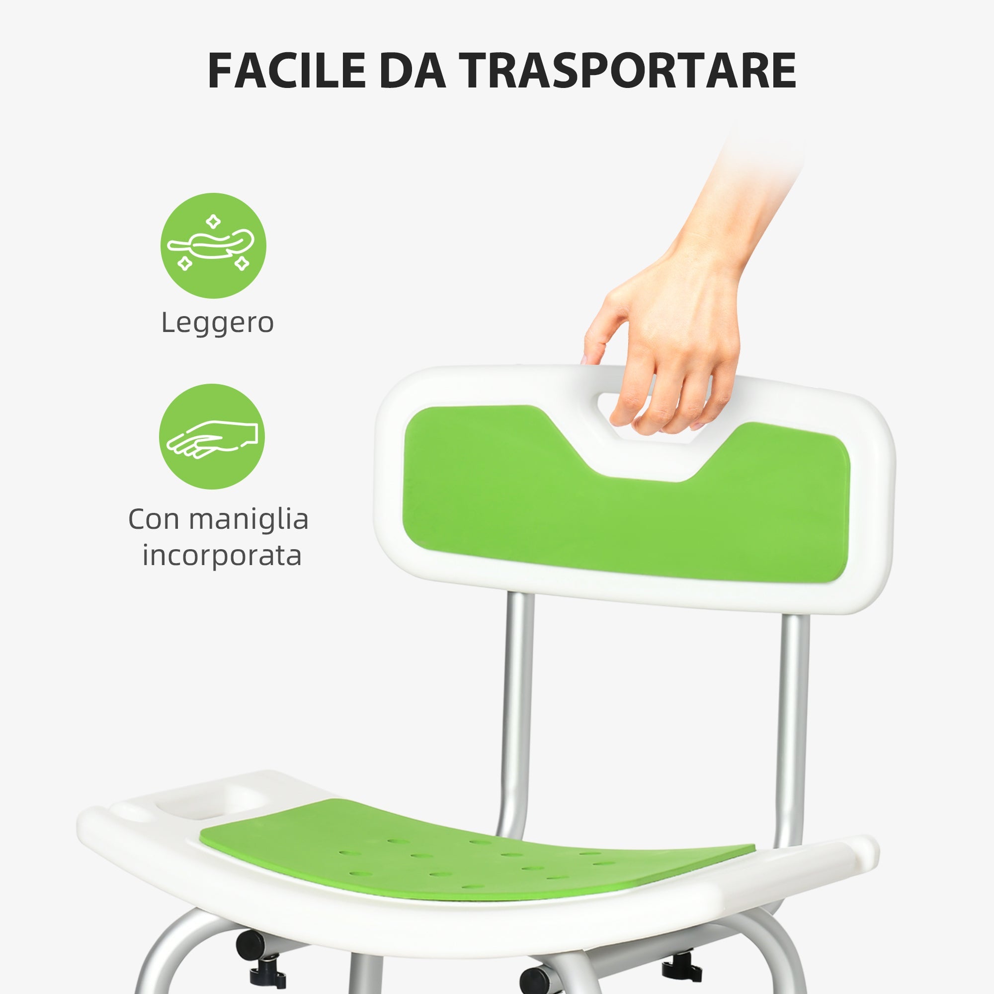 Easycomfort Sedia per Doccia in Alluminio ed EVA with Altezza Regolabile su 6 Livelli e Schienale Ricurvo, 51.5x49.5x68.5-81 cm