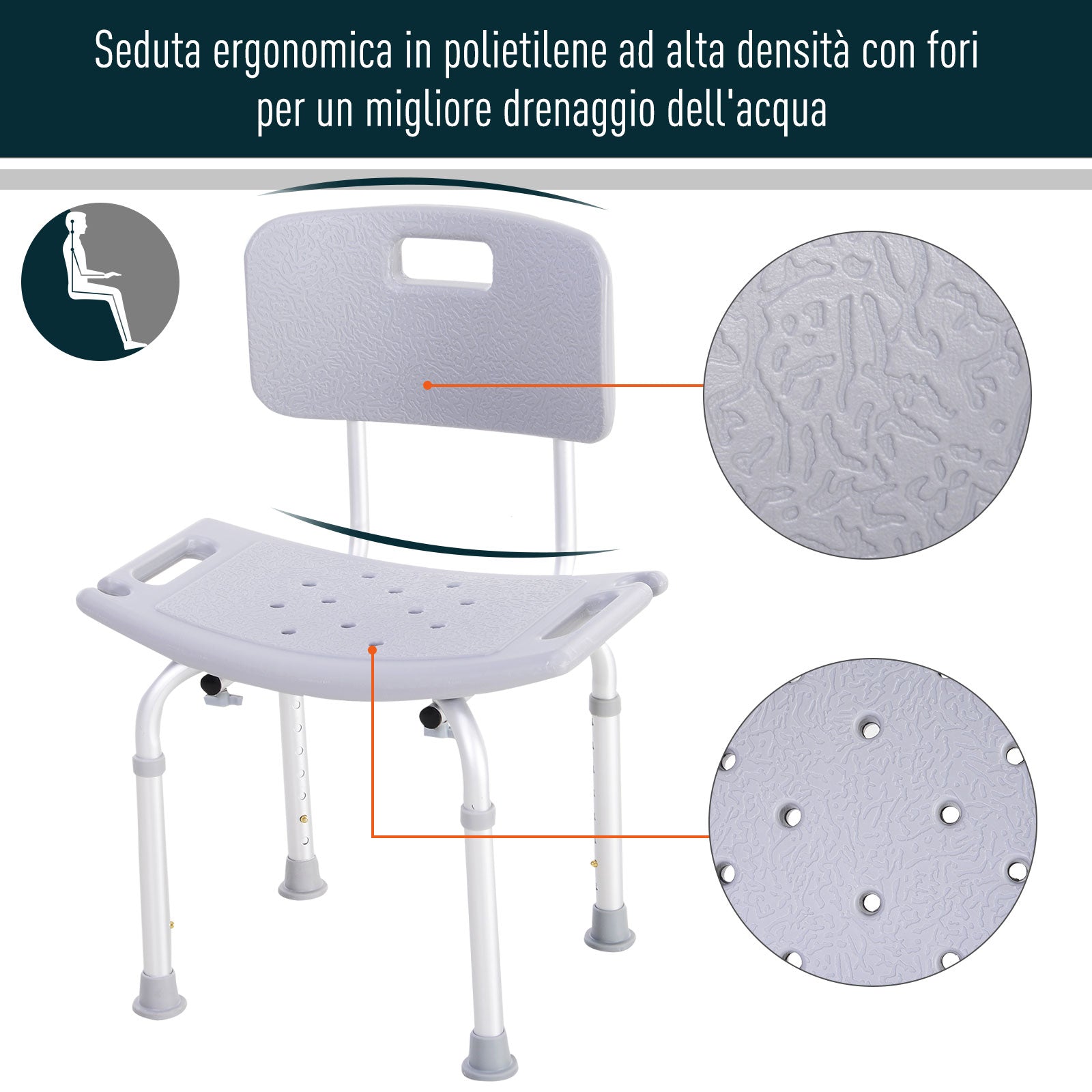 Easycomfort Sedia da Doccia per Bagno in Alluminio e Plastica Altezza Regolabile 8 Livelli 71-88cm Piedini Antiscivolo
