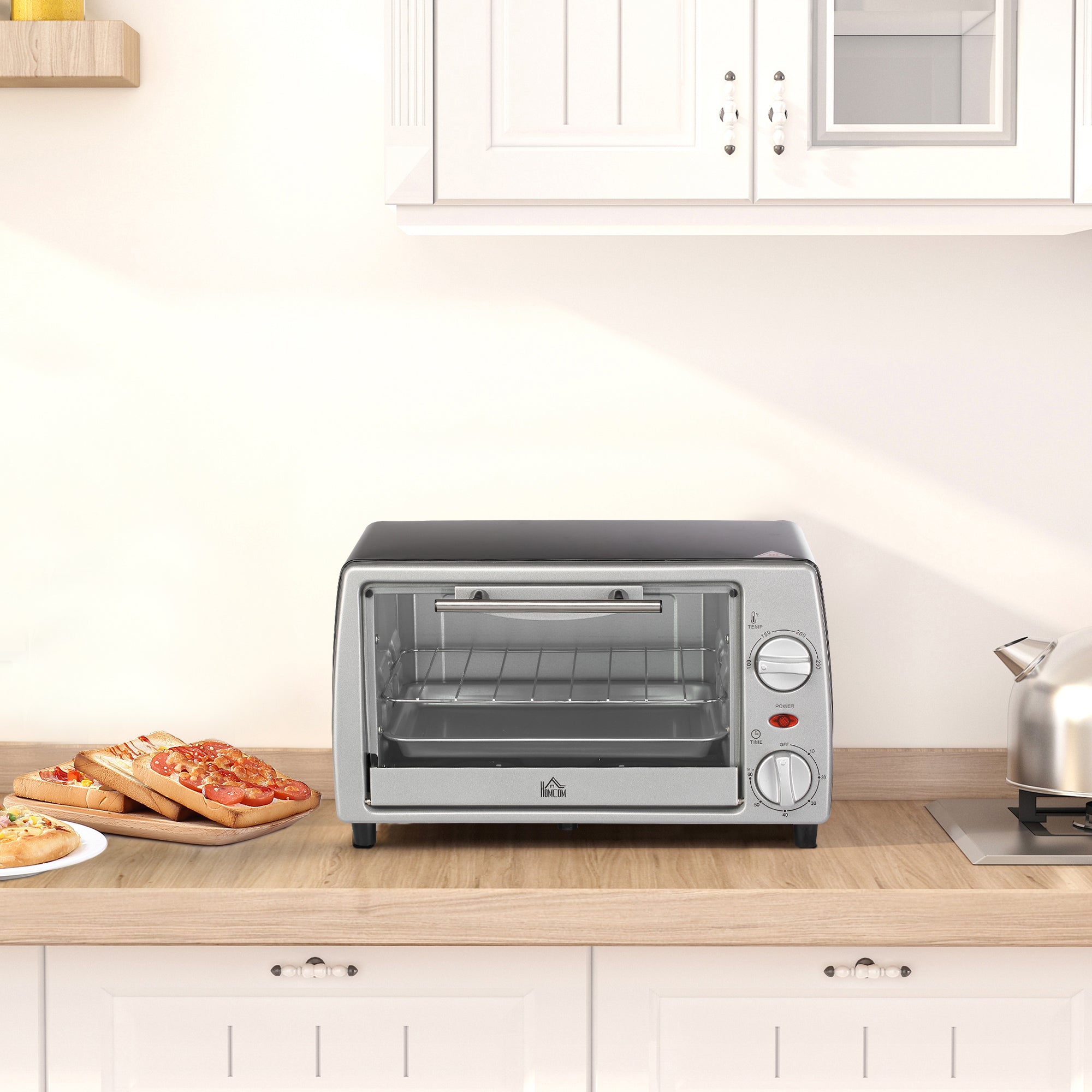 Easycomfort Fornetto Elettrico 10L Temperatura Regolabile e Timer, Griglia e Teglia Incluse, 750W, 36.5x26x22cm, Argento black