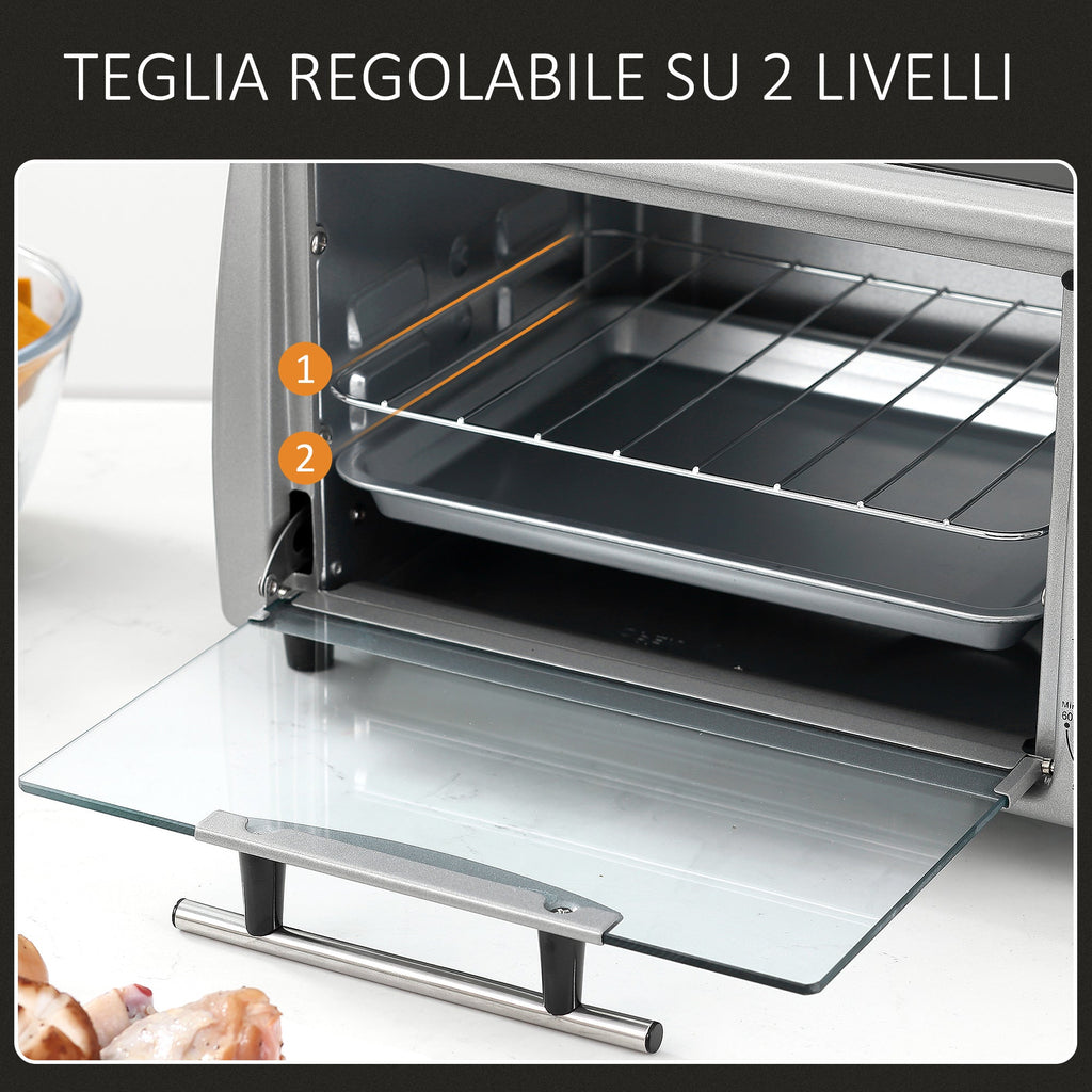 Easycomfort Fornetto Elettrico 10L Temperatura Regolabile e Timer, Griglia e Teglia Incluse, 750W, 36.5x26x22cm, Argento black