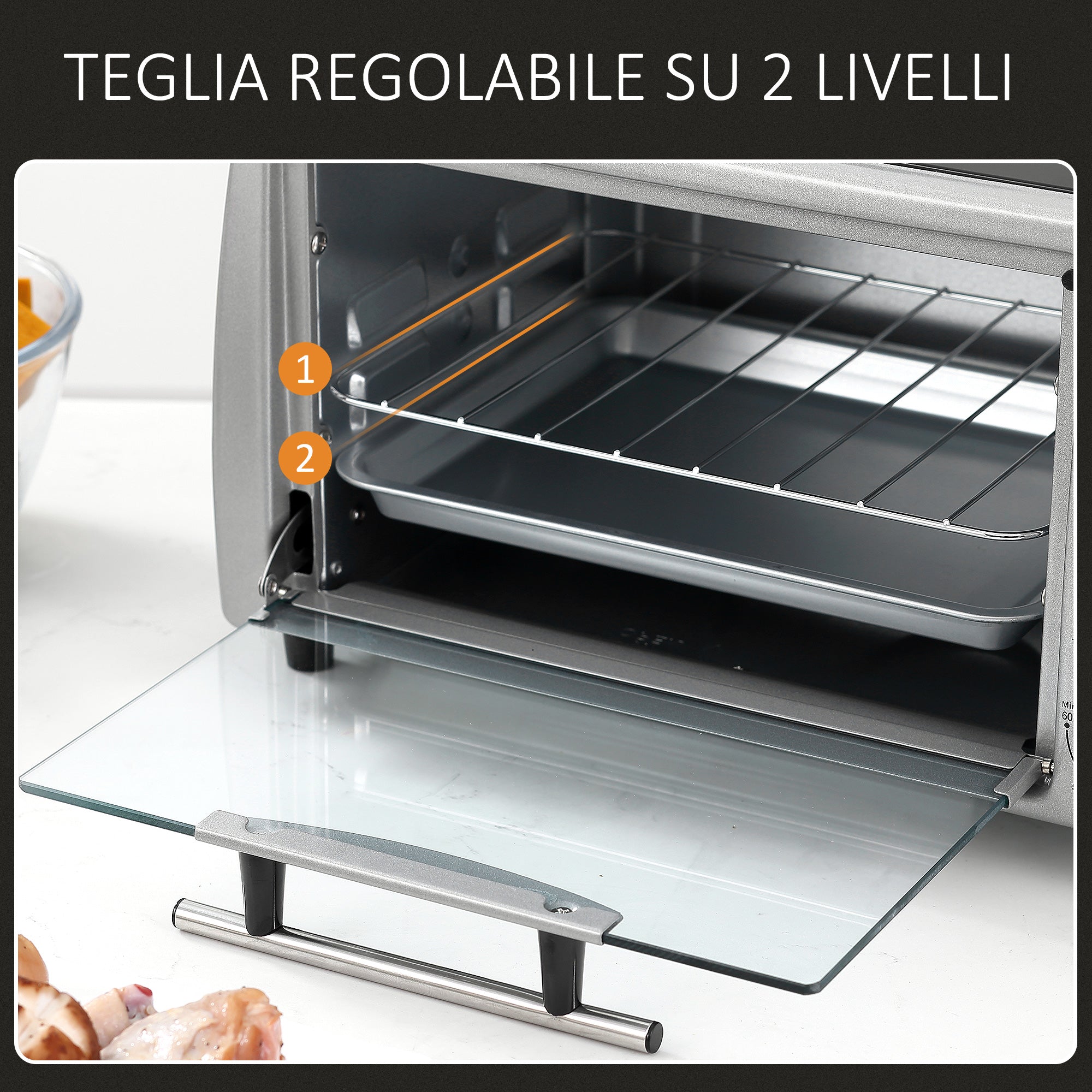 Easycomfort Fornetto Elettrico 10L Temperatura Regolabile e Timer, Griglia e Teglia Incluse, 750W, 36.5x26x22cm, Argento black
