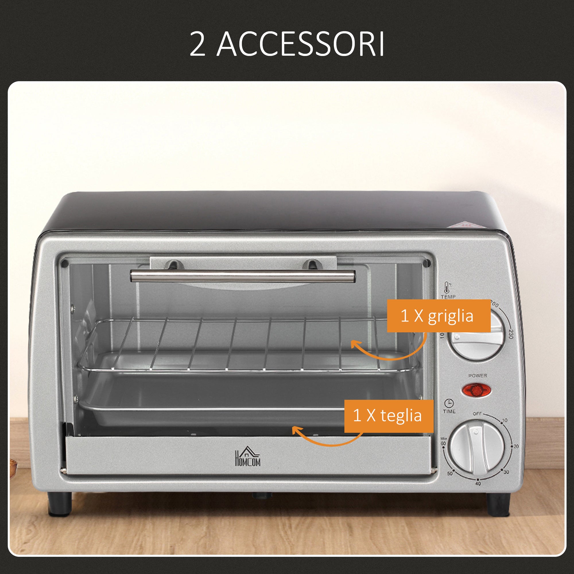 Easycomfort Fornetto Elettrico 10L Temperatura Regolabile e Timer, Griglia e Teglia Incluse, 750W, 36.5x26x22cm, Argento black