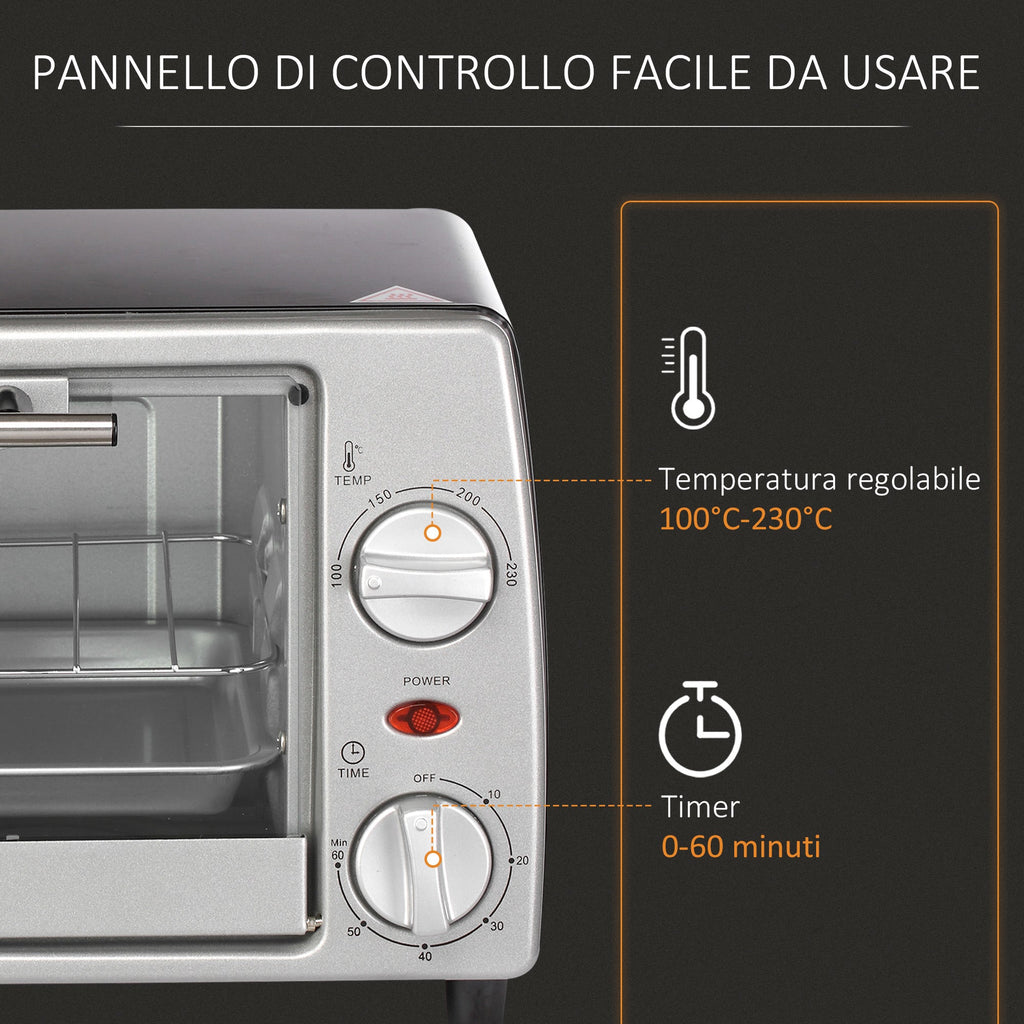 Easycomfort Fornetto Elettrico 10L Temperatura Regolabile e Timer, Griglia e Teglia Incluse, 750W, 36.5x26x22cm, Argento black