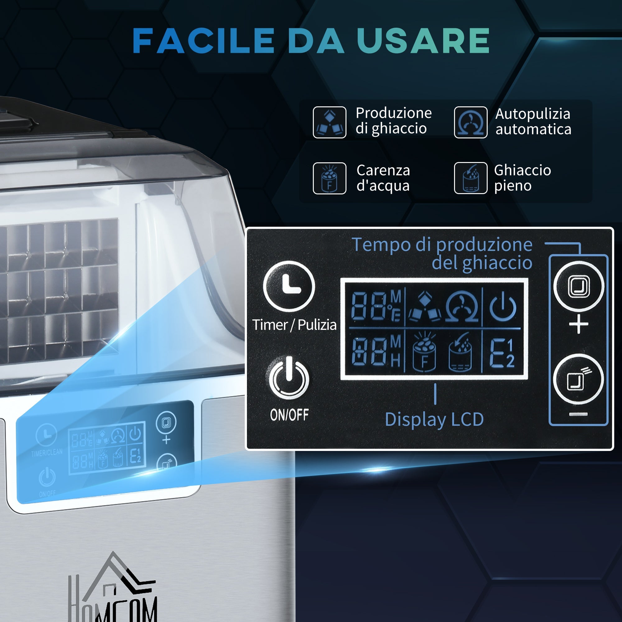 Easycomfort Macchina Ghiaccio 20kg in 24 Ore, 24 Cubetti in 14-18 Minuti with Dimensione Regolabile, Serbatoio 3.2L e Sistema Autopulente, Argento