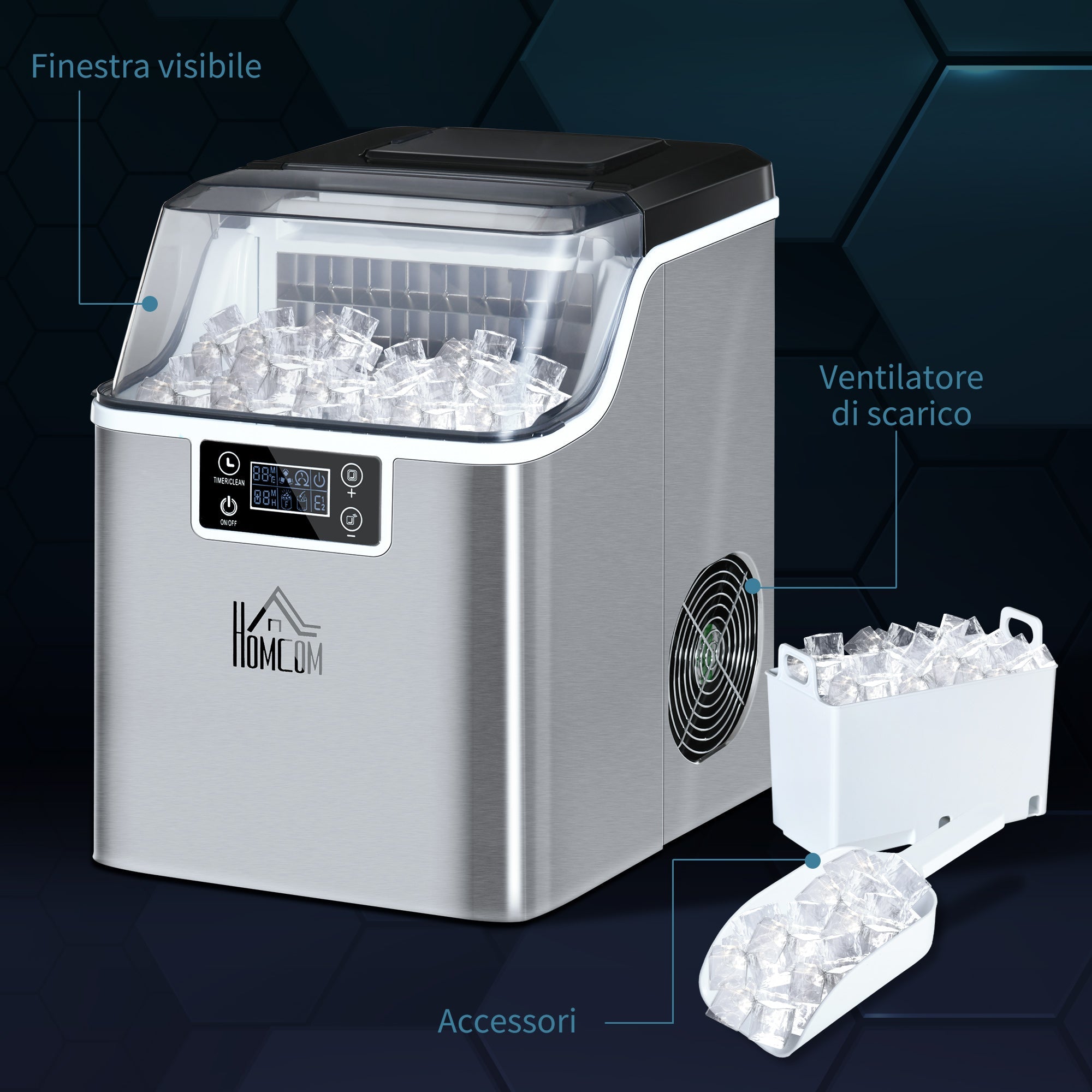 Easycomfort Macchina Ghiaccio 20kg in 24 Ore, 24 Cubetti in 14-18 Minuti with Dimensione Regolabile, Serbatoio 3.2L e Sistema Autopulente, Argento