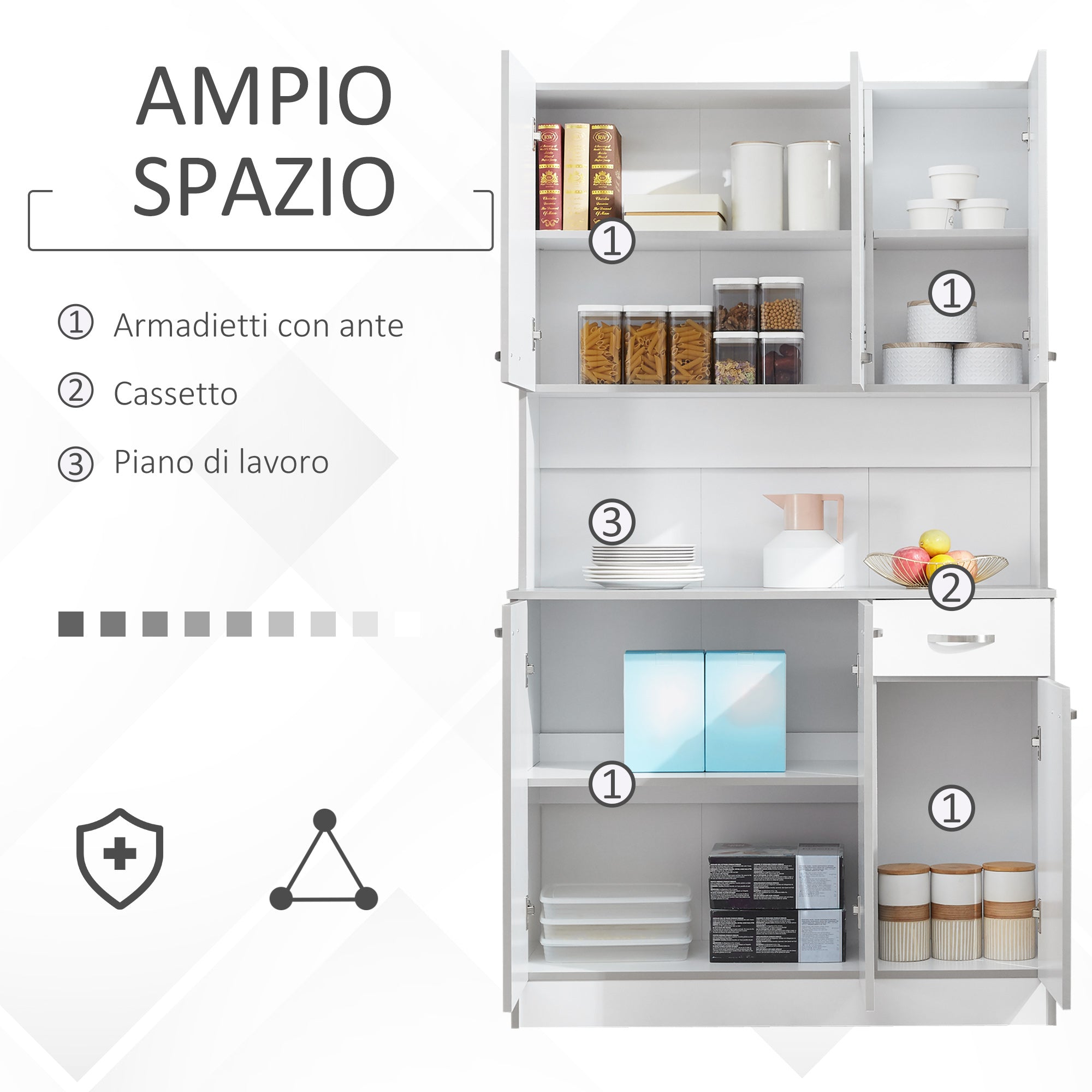 Easycomfort Credenza Alta da Cucina with Cassetti e Armadietti, in Legno, 101x39x180 cm, white e Grigio