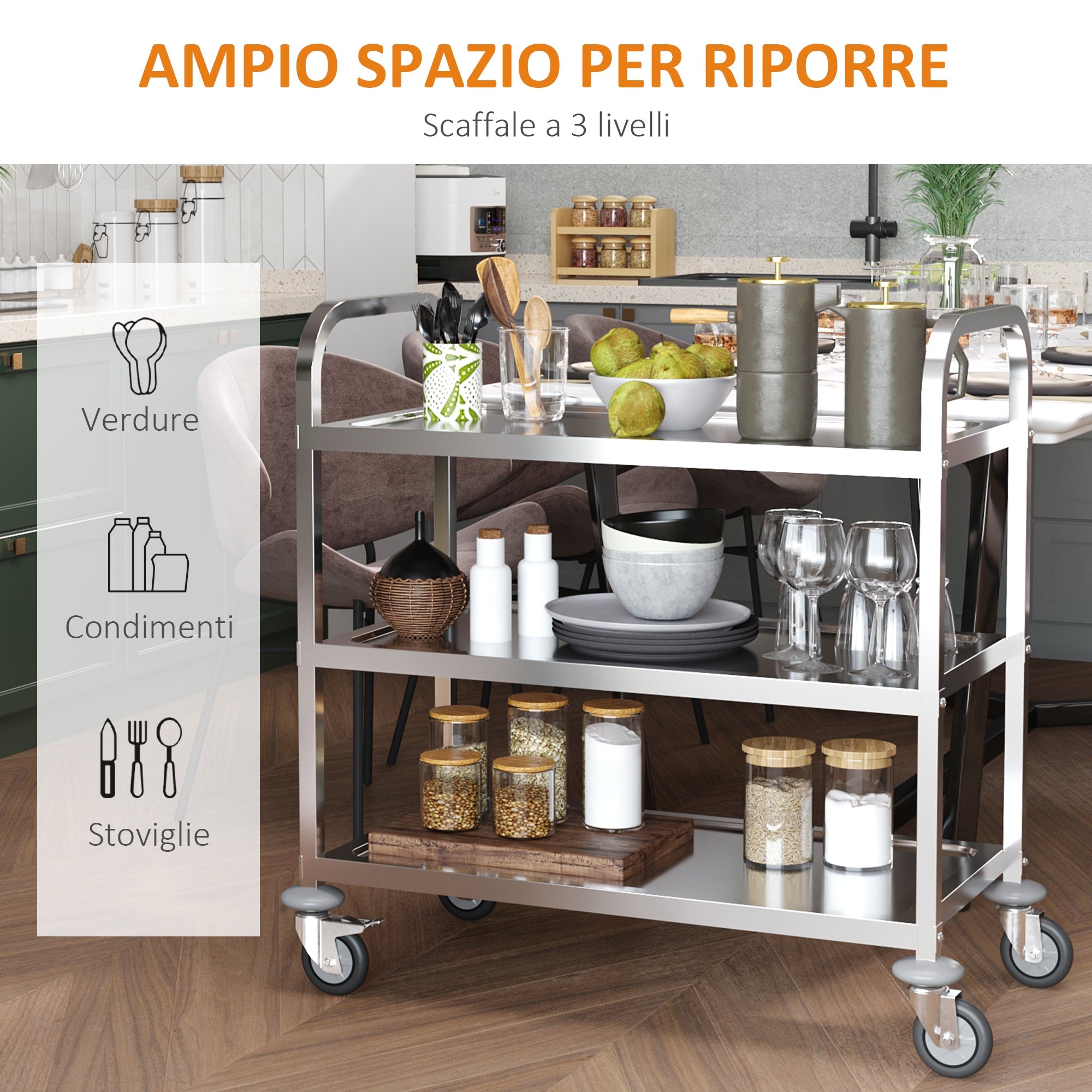 Easycomfort Carrello da Cucina 3 Ripiani Aperti 4 Ruote Omnidirezionali with 2 Freni Cuscinetti Anti-Collisione in Acciaio Inossidabile 430 Argento 85x45x90cm