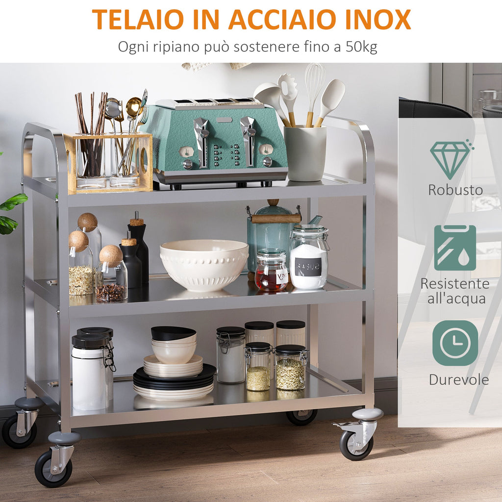 Easycomfort Carrello da Cucina 3 Ripiani Aperti 4 Ruote Omnidirezionali with 2 Freni Cuscinetti Anti-Collisione in Acciaio Inossidabile 430 Argento 85x45x90cm