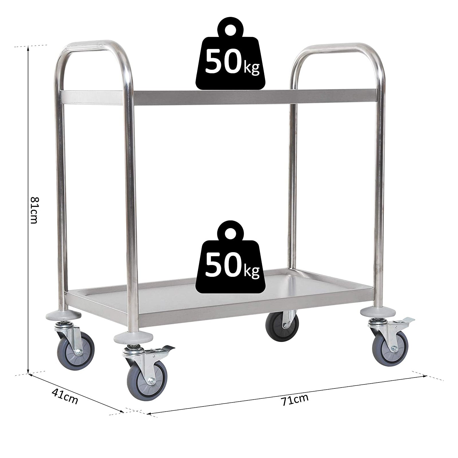 Easycomfort Carrello da Cucina 2 Ripiani with Ruote in Acciaio Inox 71x41x81cm, Argento