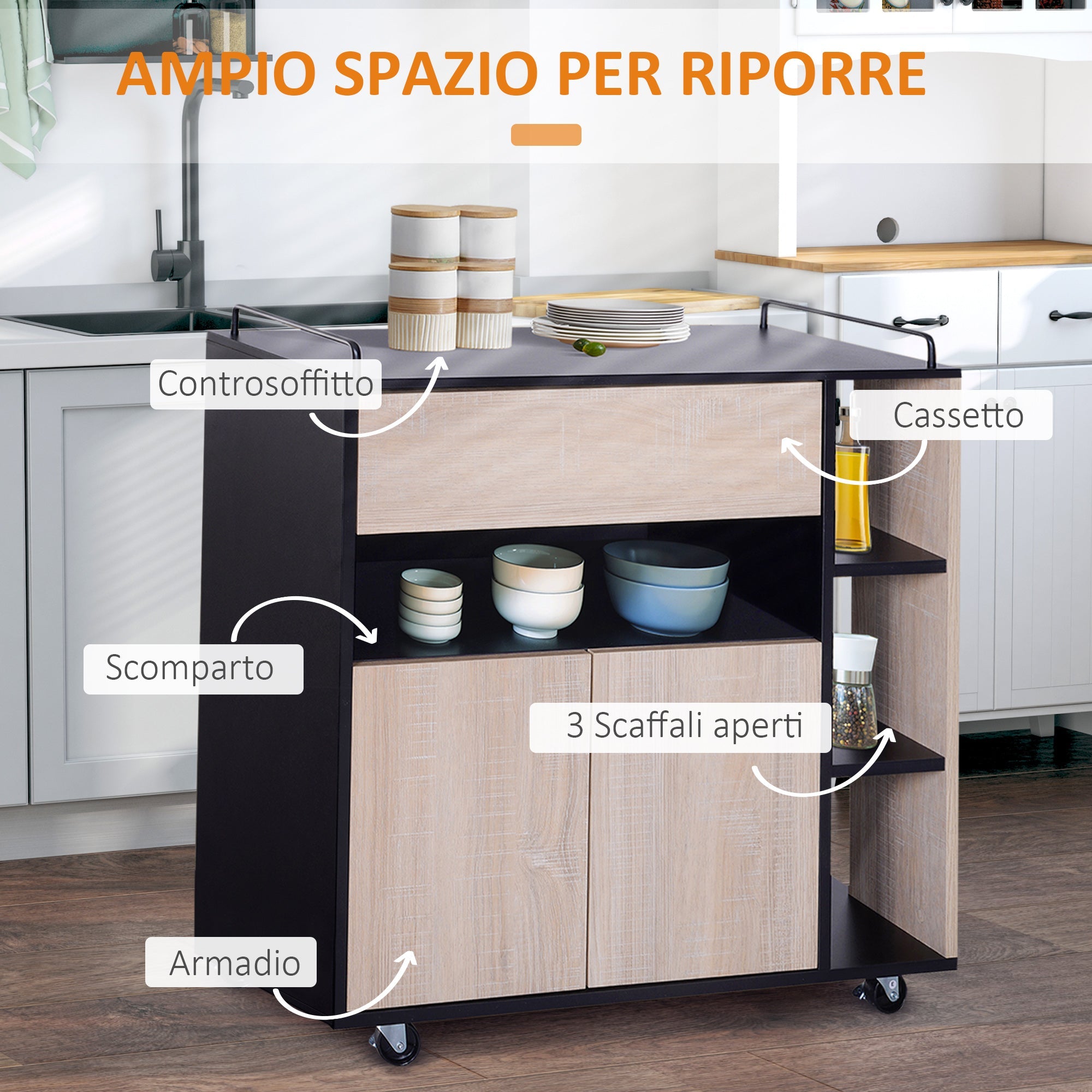 Easycomfort Carrello da Cucina Multiuso Moderno with Ruote Cassetto Anta in Legno Rovere, 76,5x40x82cm