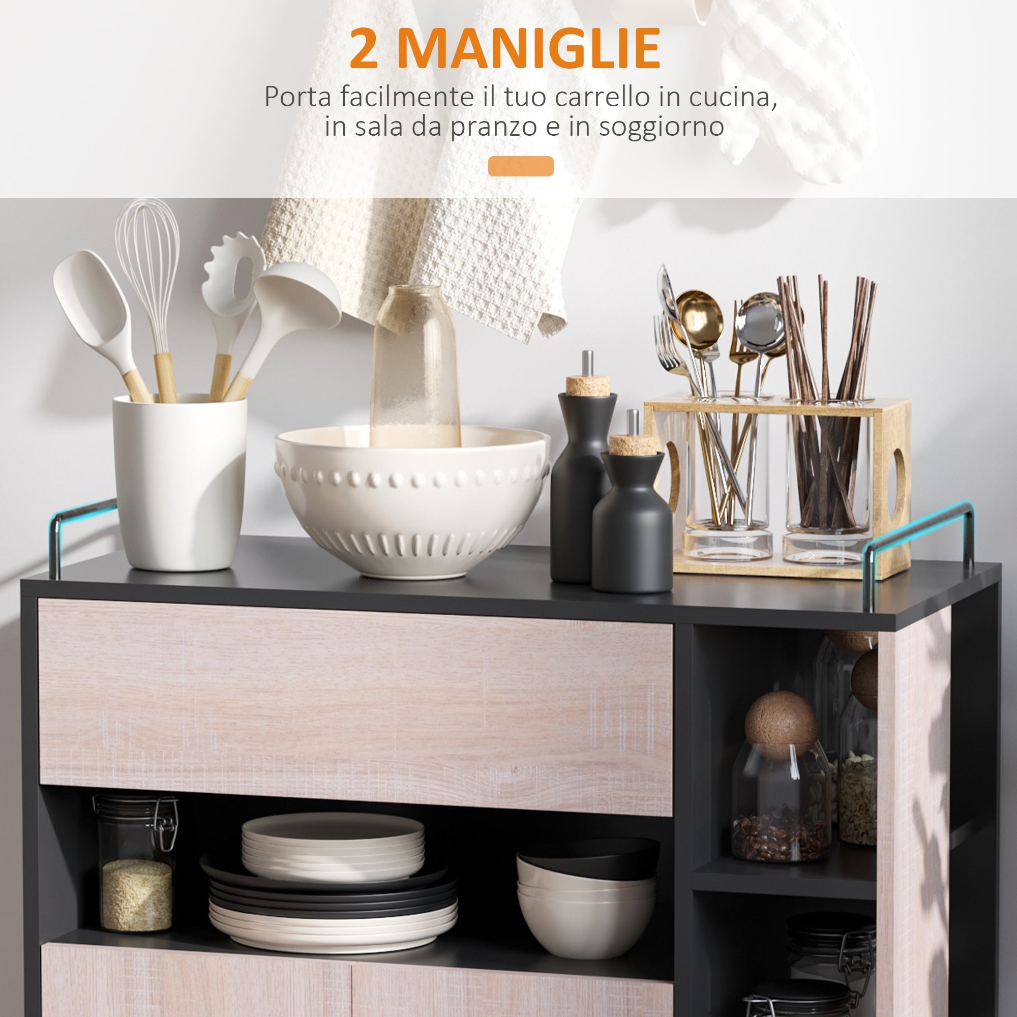 Easycomfort Carrello da Cucina Multiuso Moderno with Ruote Cassetto Anta in Legno Rovere, 76,5x40x82cm