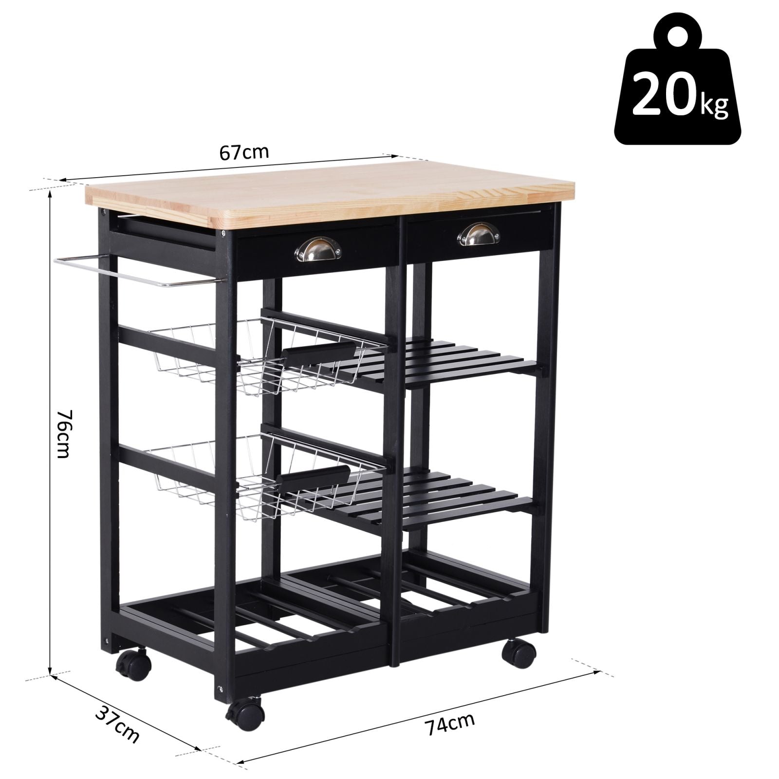 Easycomfort Carrello da Cucina Multiuso in Legno di Pino 74 x 37 x 75cm black