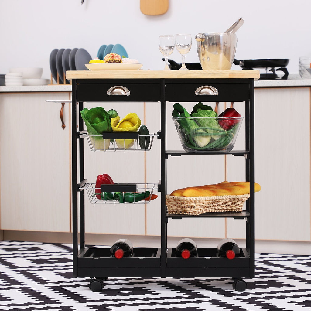 Easycomfort Carrello da Cucina Multiuso in Legno di Pino 74 x 37 x 75cm black