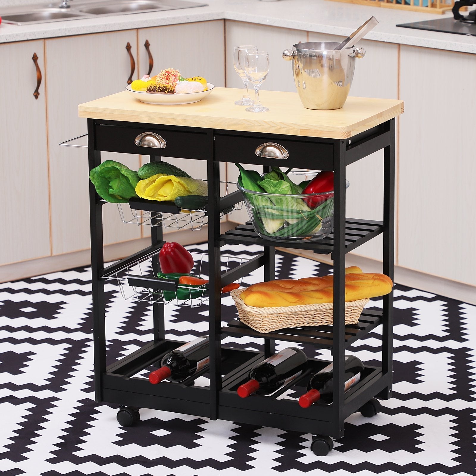 Easycomfort Carrello da Cucina Multiuso in Legno di Pino 74 x 37 x 75cm black
