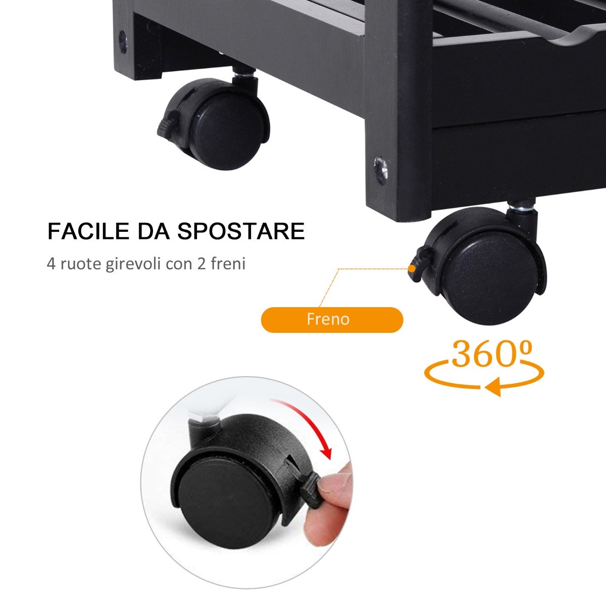 Easycomfort Carrello da Cucina Multiuso in Legno di Pino 74 x 37 x 75cm black