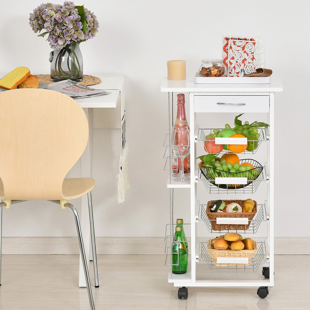 Easycomfort Carrello da Cucina Salvaspazio in Legno white, Portavivande with 1 Piano di Lavoro 1 Cassetto e 4 Cestelli Metallici, 47x37x83cm