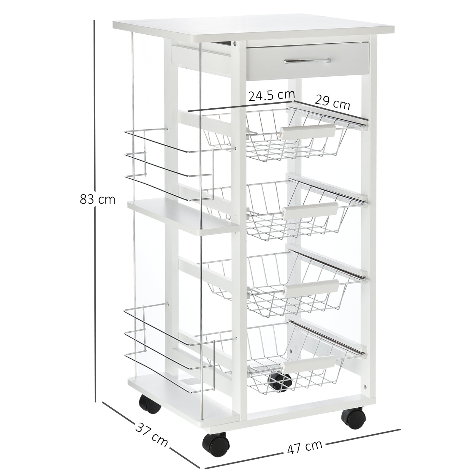 Easycomfort Carrello da Cucina Salvaspazio in Legno white, Portavivande with 1 Piano di Lavoro 1 Cassetto e 4 Cestelli Metallici, 47x37x83cm