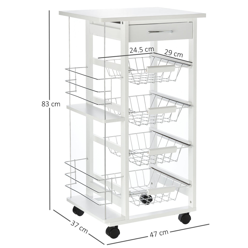 Easycomfort Carrello da Cucina Salvaspazio in Legno white, Portavivande with 1 Piano di Lavoro 1 Cassetto e 4 Cestelli Metallici, 47x37x83cm