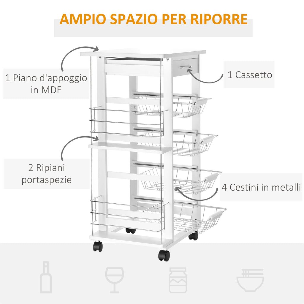 Easycomfort Carrello da Cucina Salvaspazio in Legno white, Portavivande with 1 Piano di Lavoro 1 Cassetto e 4 Cestelli Metallici, 47x37x83cm
