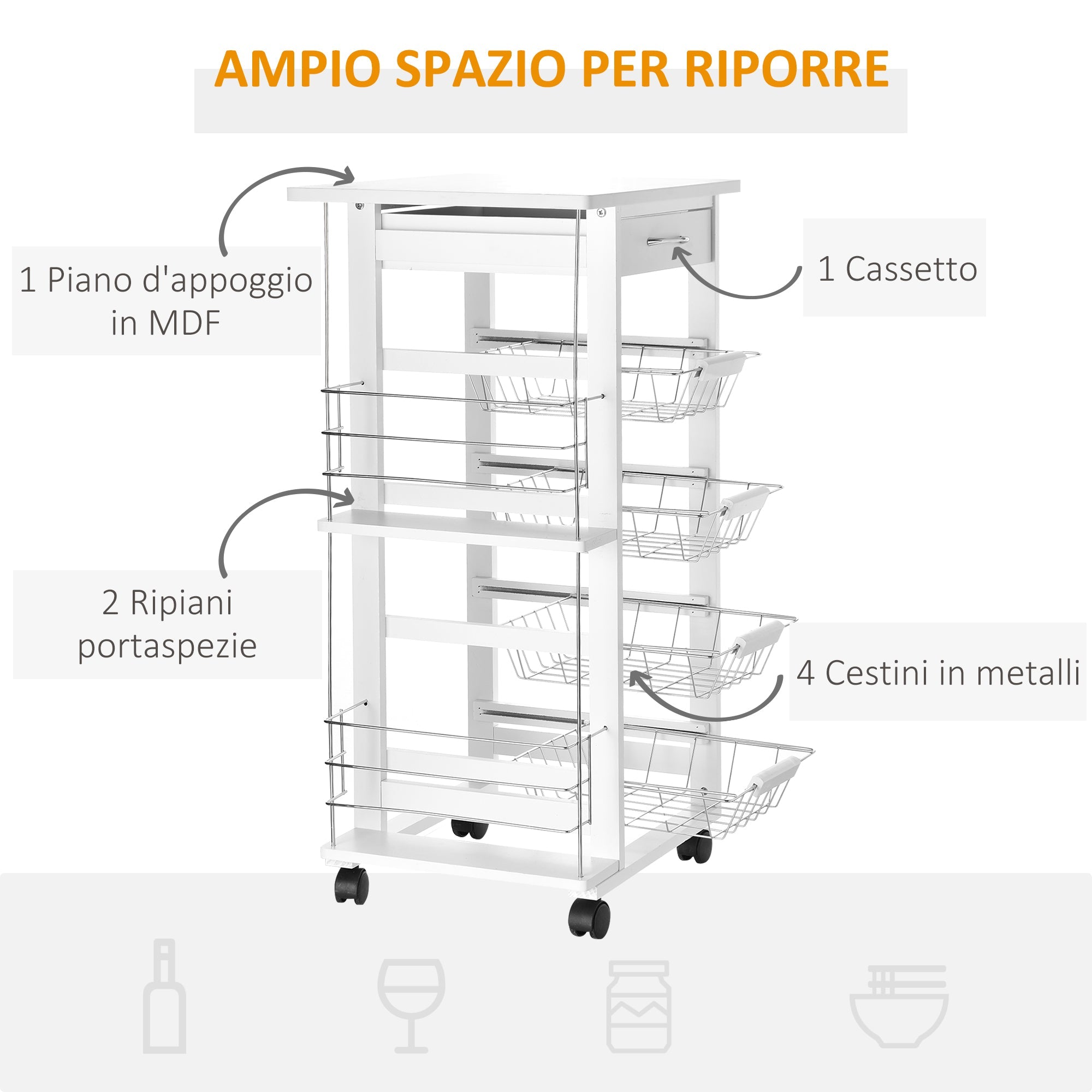 Easycomfort Carrello da Cucina Salvaspazio in Legno white, Portavivande with 1 Piano di Lavoro 1 Cassetto e 4 Cestelli Metallici, 47x37x83cm