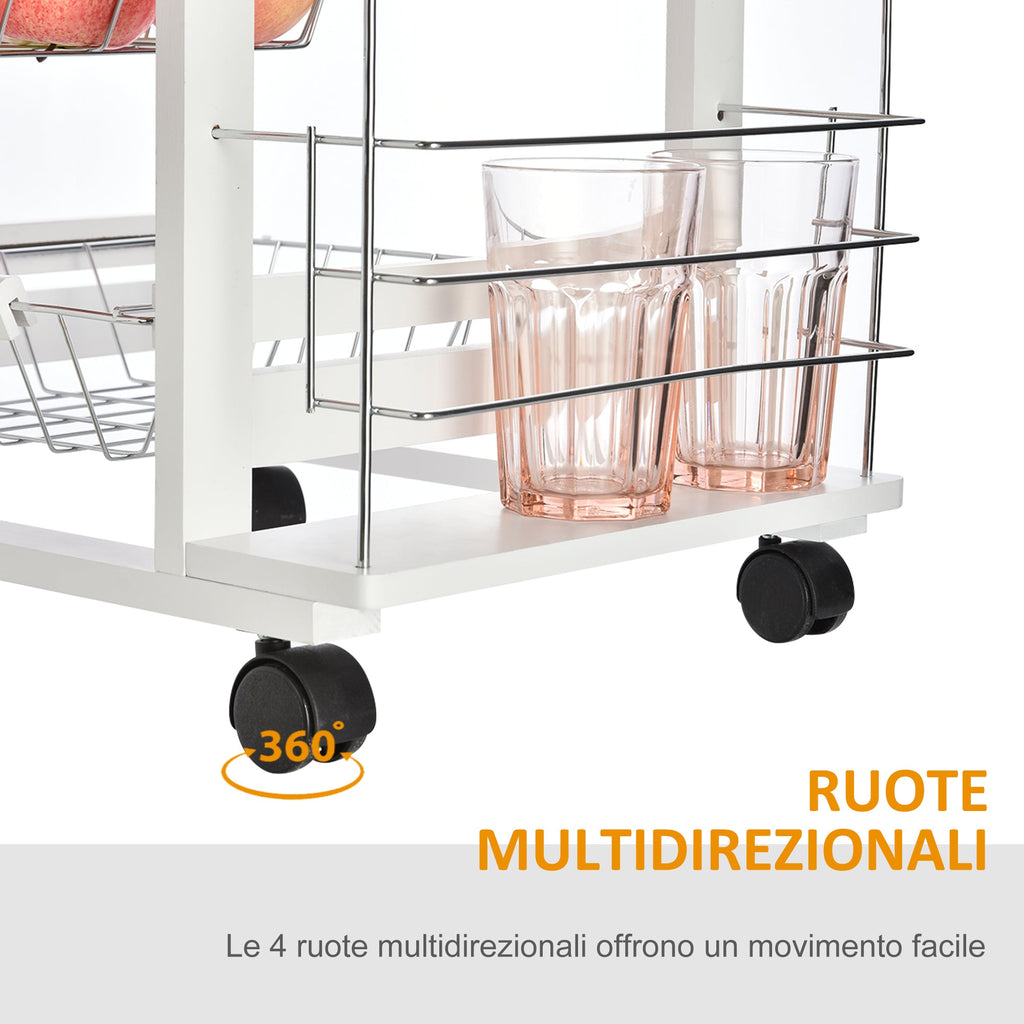 Easycomfort Carrello da Cucina Salvaspazio in Legno white, Portavivande with 1 Piano di Lavoro 1 Cassetto e 4 Cestelli Metallici, 47x37x83cm