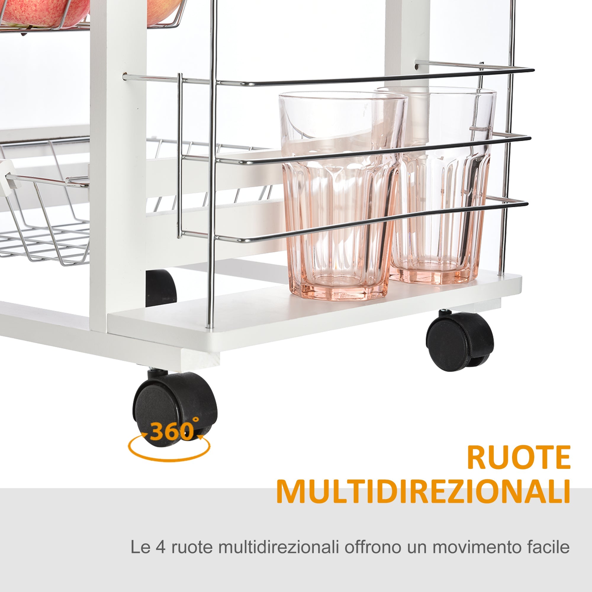 Easycomfort Carrello da Cucina Salvaspazio in Legno white, Portavivande with 1 Piano di Lavoro 1 Cassetto e 4 Cestelli Metallici, 47x37x83cm