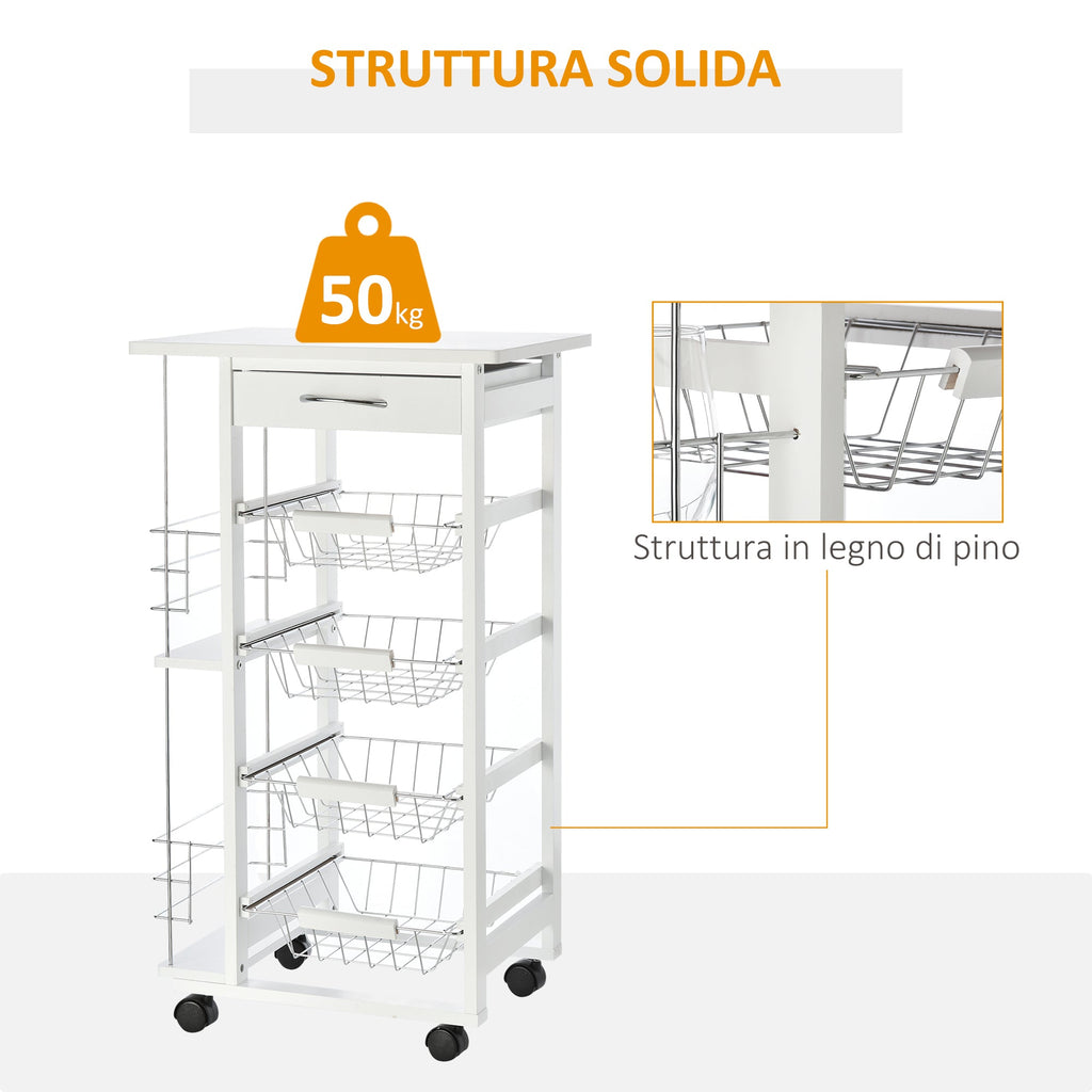 Easycomfort Carrello da Cucina Salvaspazio in Legno white, Portavivande with 1 Piano di Lavoro 1 Cassetto e 4 Cestelli Metallici, 47x37x83cm