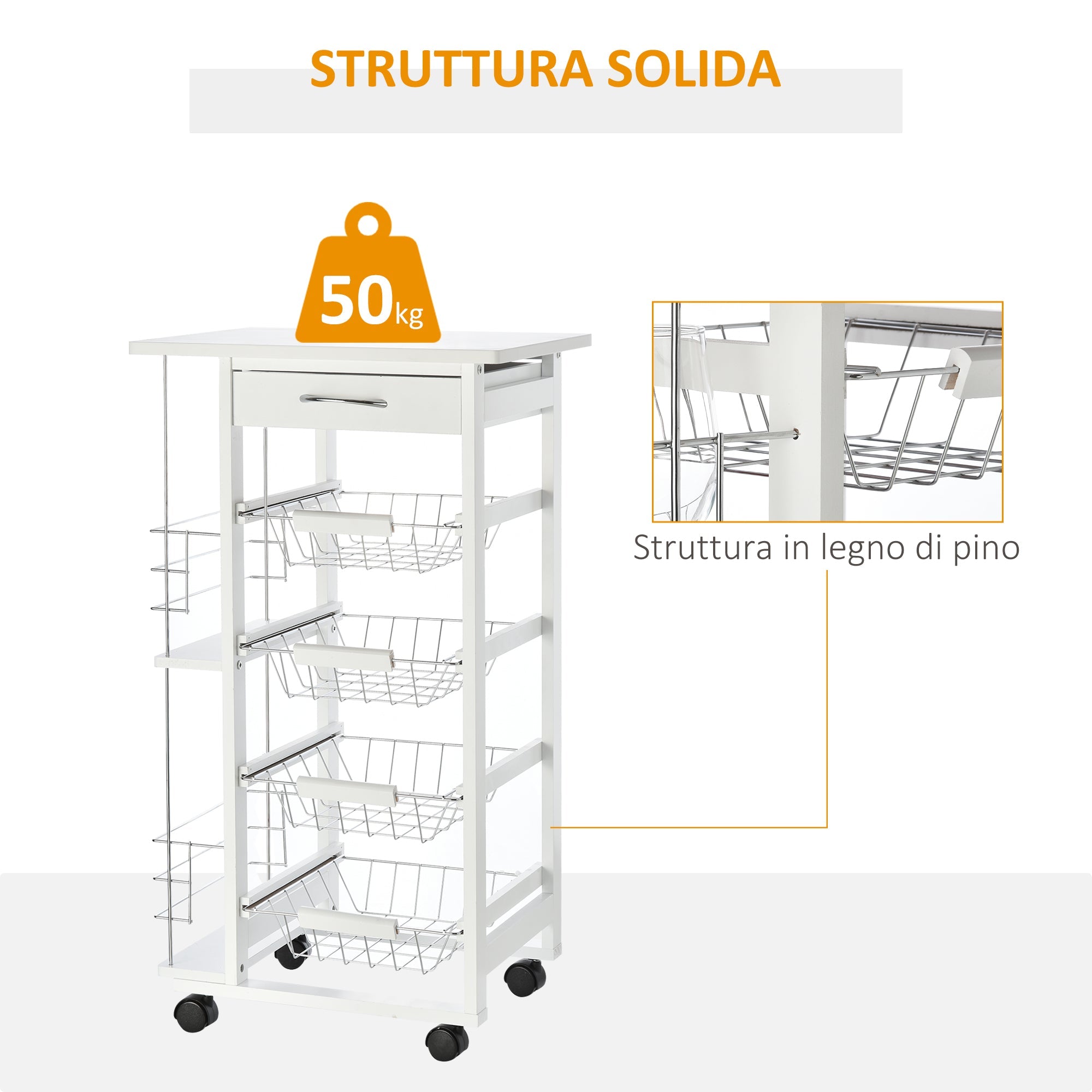 Easycomfort Carrello da Cucina Salvaspazio in Legno white, Portavivande with 1 Piano di Lavoro 1 Cassetto e 4 Cestelli Metallici, 47x37x83cm