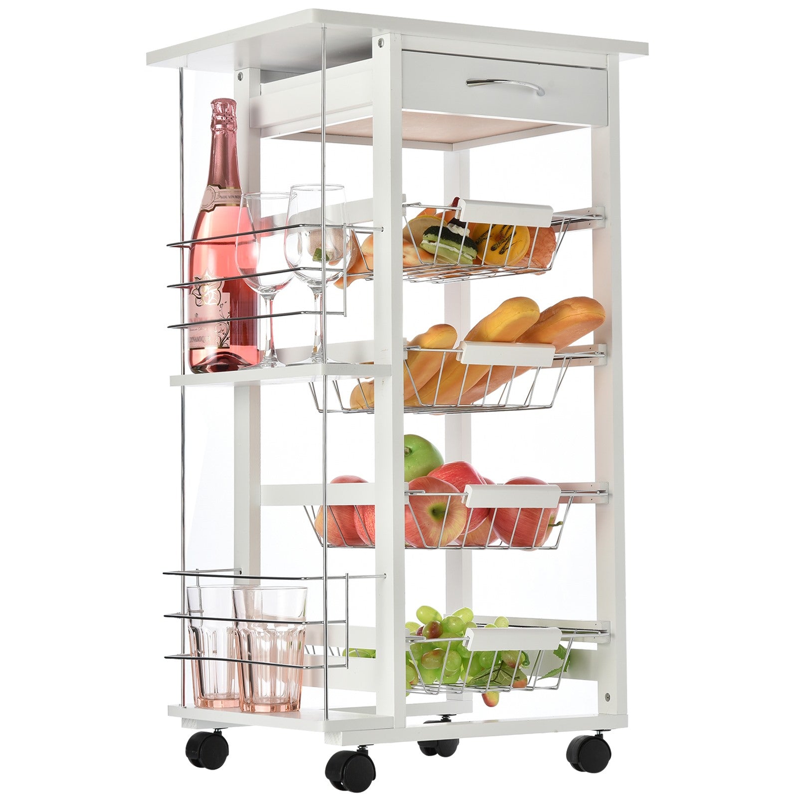 Easycomfort Carrello da Cucina Salvaspazio in Legno white, Portavivande with 1 Piano di Lavoro 1 Cassetto e 4 Cestelli Metallici, 47x37x83cm