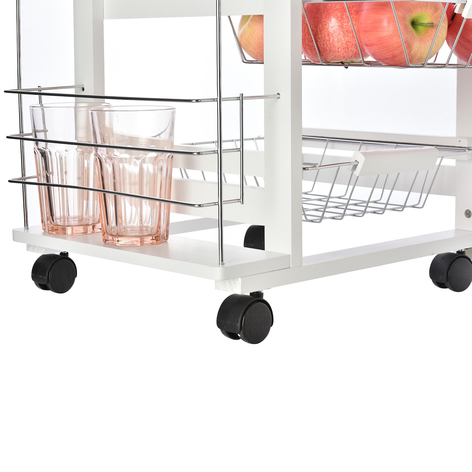 Easycomfort Carrello da Cucina Salvaspazio in Legno white, Portavivande with 1 Piano di Lavoro 1 Cassetto e 4 Cestelli Metallici, 47x37x83cm