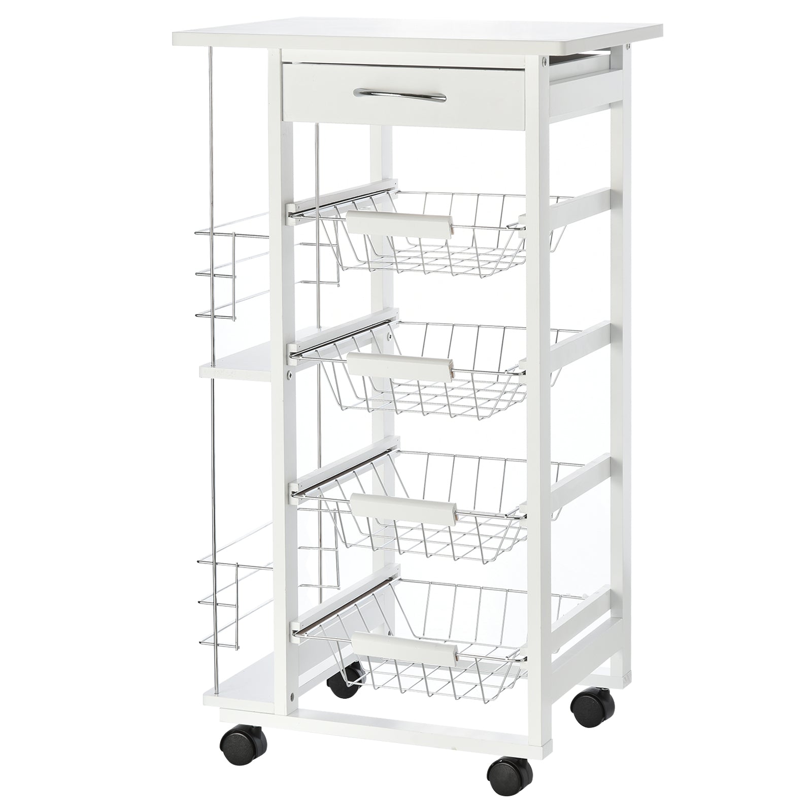 Easycomfort Carrello da Cucina Salvaspazio in Legno white, Portavivande with 1 Piano di Lavoro 1 Cassetto e 4 Cestelli Metallici, 47x37x83cm