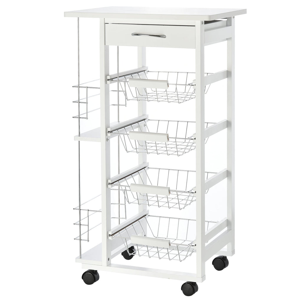 Easycomfort Carrello da Cucina Salvaspazio in Legno white, Portavivande with 1 Piano di Lavoro 1 Cassetto e 4 Cestelli Metallici, 47x37x83cm