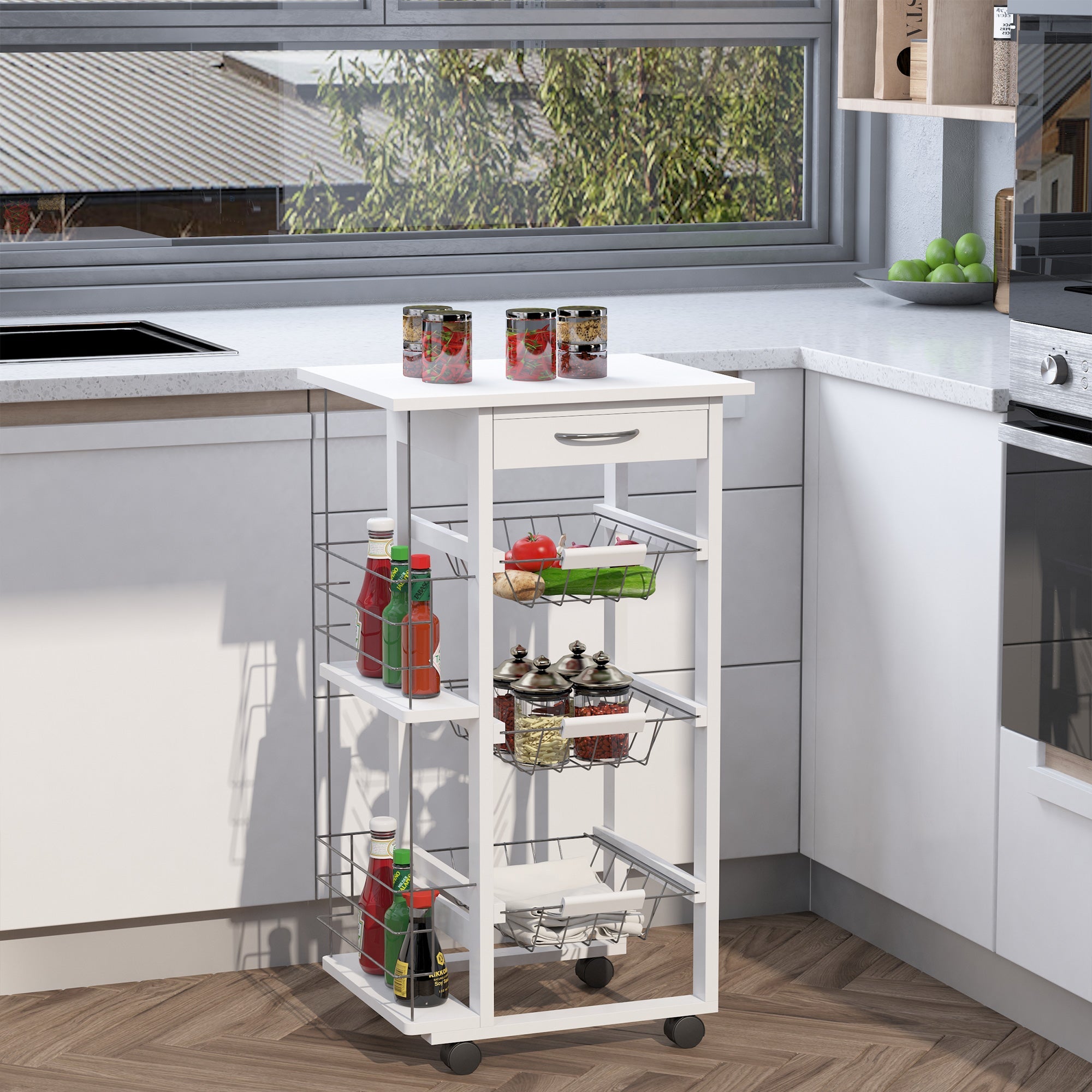 Easycomfort Carrello Isola da Cucina Salvaspazio in Legno di Pino, Carrello Portavivande with 4 Ruote Cassetto 3 Cesti Estraibili Portafrutta, white