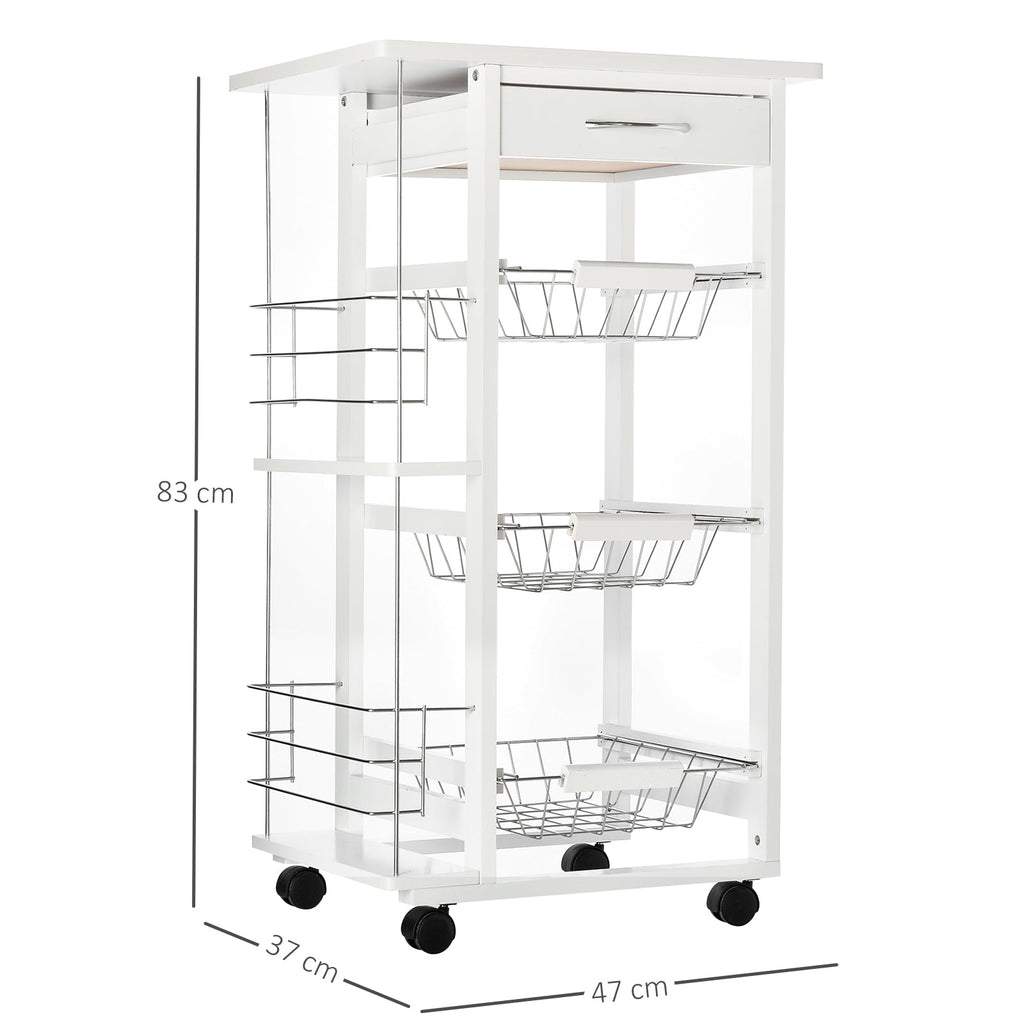 Easycomfort Carrello Isola da Cucina Salvaspazio in Legno di Pino, Carrello Portavivande with 4 Ruote Cassetto 3 Cesti Estraibili Portafrutta, white
