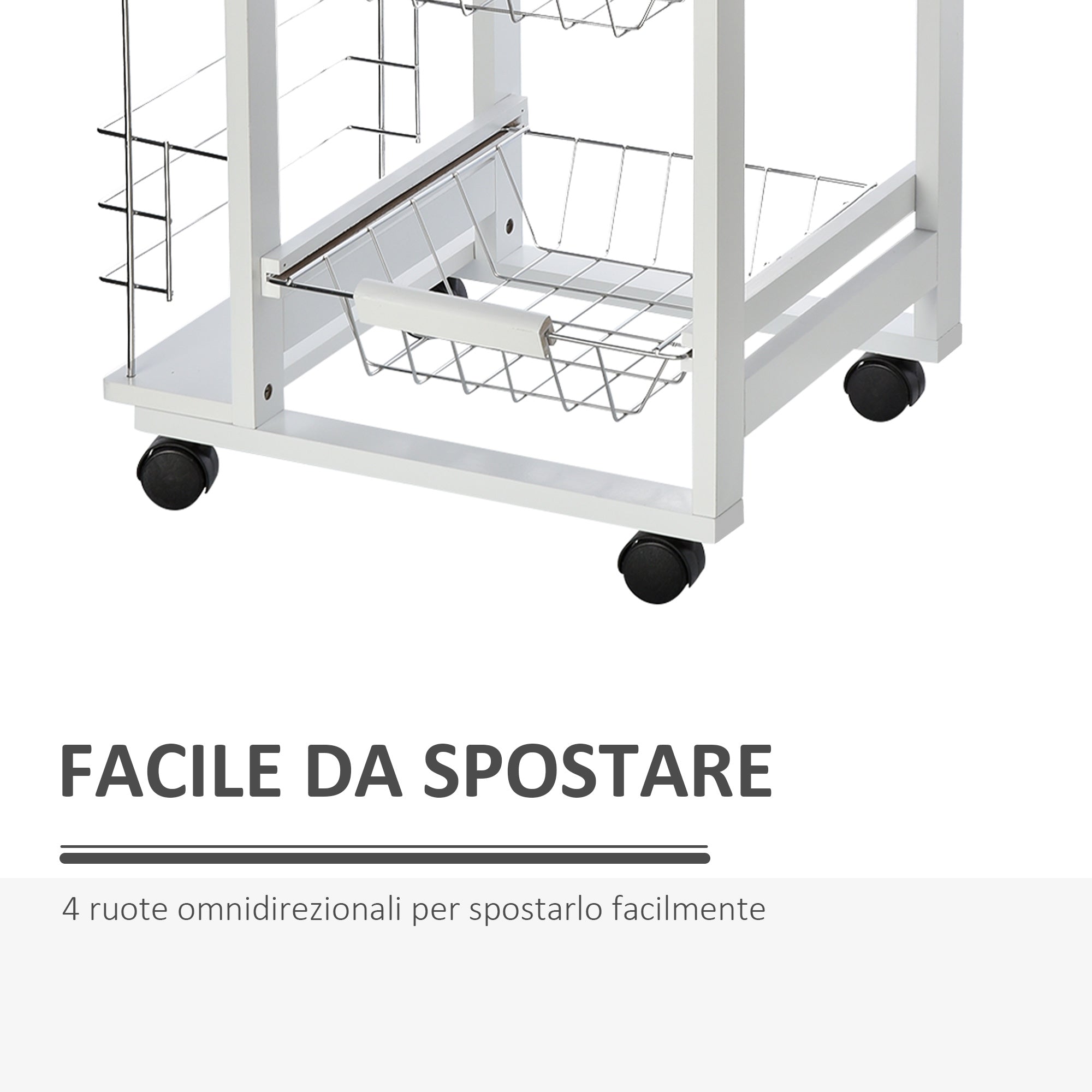 Easycomfort Carrello Isola da Cucina Salvaspazio in Legno di Pino, Carrello Portavivande with 4 Ruote Cassetto 3 Cesti Estraibili Portafrutta, white