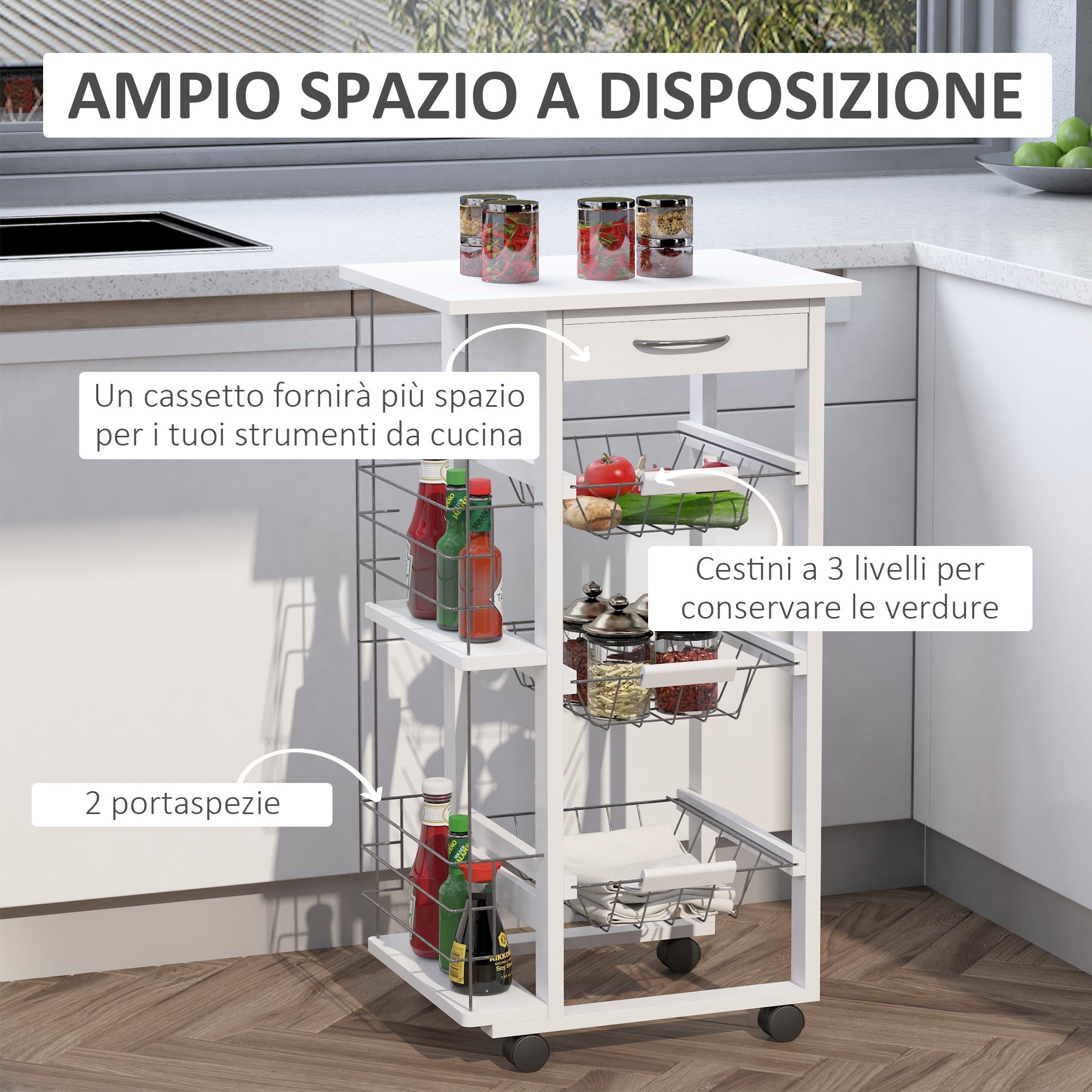 Easycomfort Carrello Isola da Cucina Salvaspazio in Legno di Pino, Carrello Portavivande with 4 Ruote Cassetto 3 Cesti Estraibili Portafrutta, white
