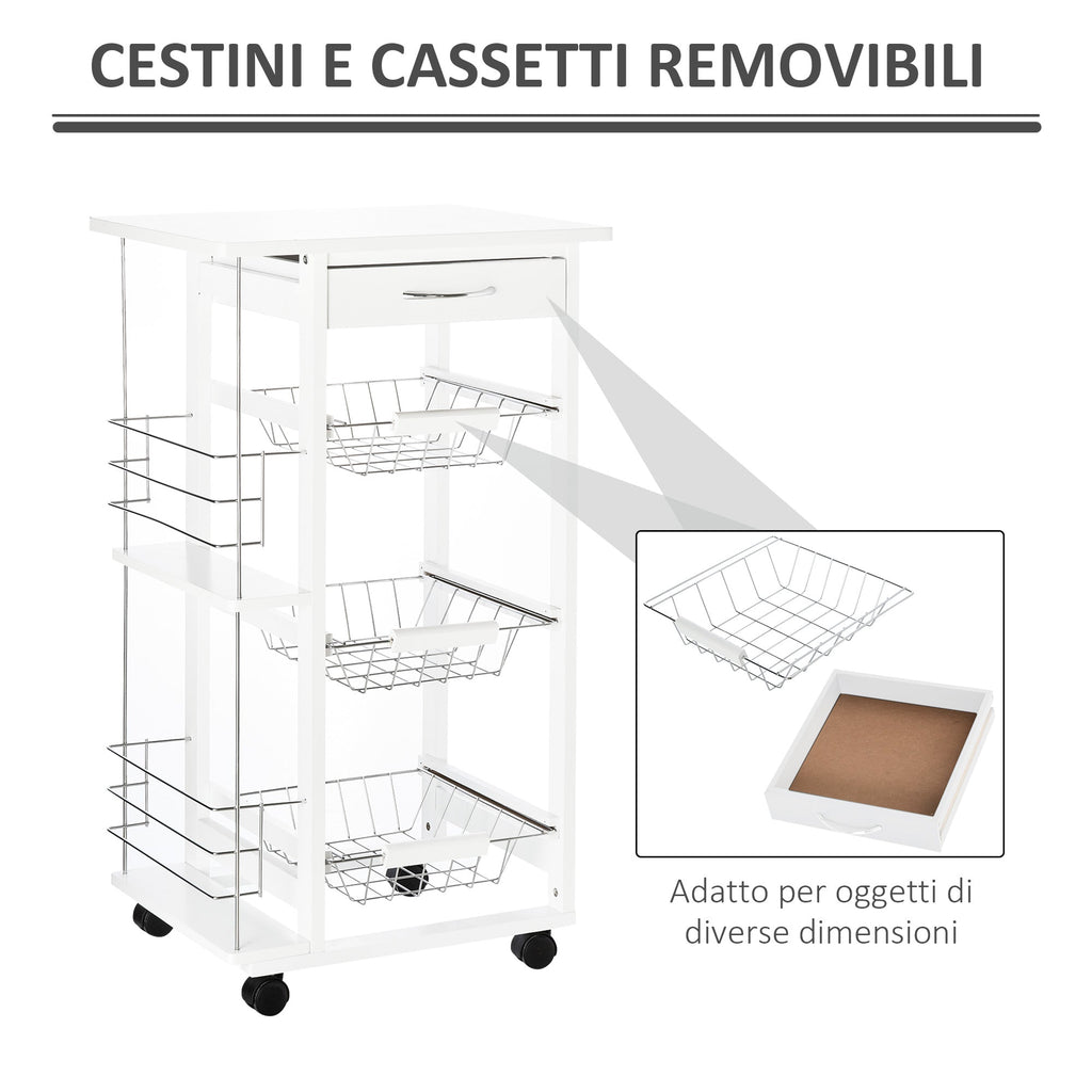 Easycomfort Carrello Isola da Cucina Salvaspazio in Legno di Pino, Carrello Portavivande with 4 Ruote Cassetto 3 Cesti Estraibili Portafrutta, white