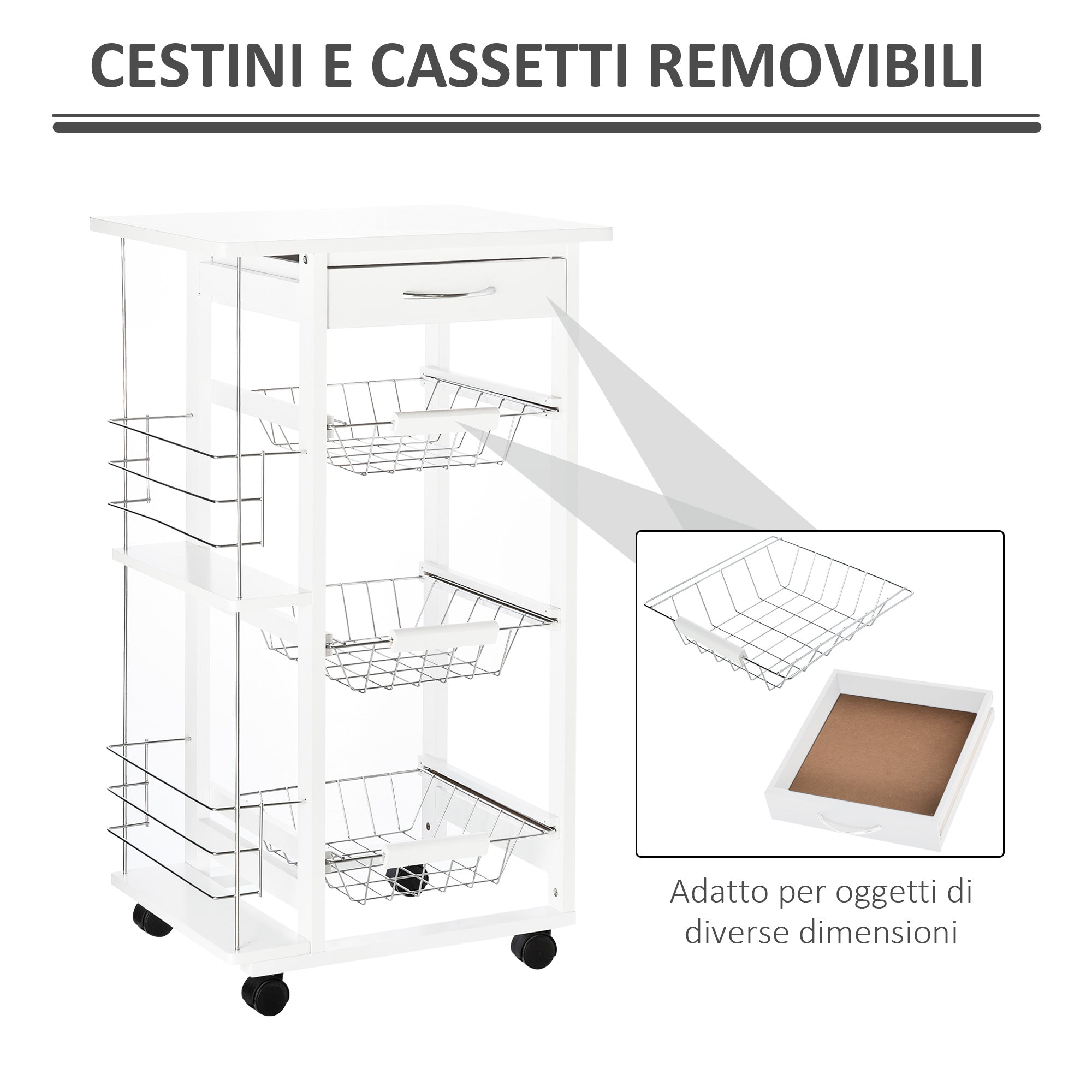 Easycomfort Carrello Isola da Cucina Salvaspazio in Legno di Pino, Carrello Portavivande with 4 Ruote Cassetto 3 Cesti Estraibili Portafrutta, white