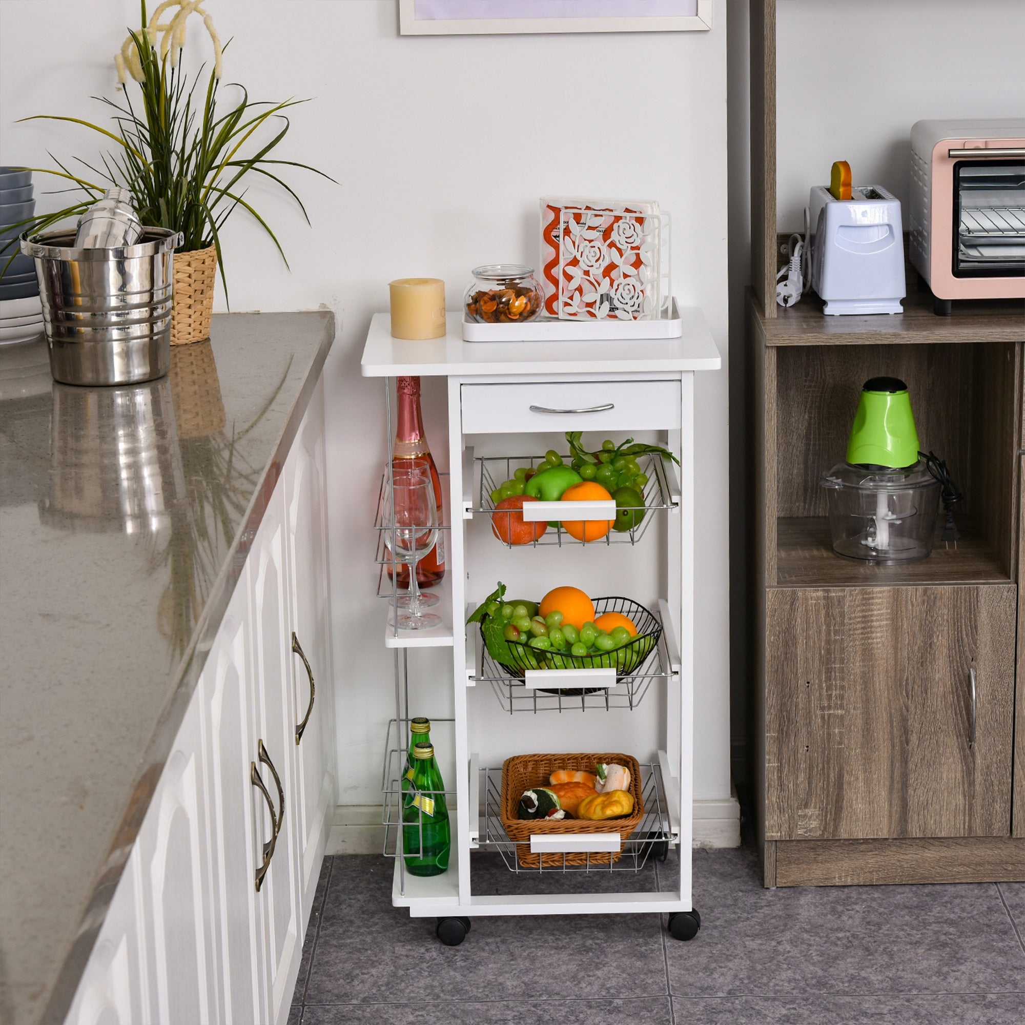 Easycomfort Carrello Isola da Cucina Salvaspazio in Legno di Pino, Carrello Portavivande with 4 Ruote Cassetto 3 Cesti Estraibili Portafrutta, white