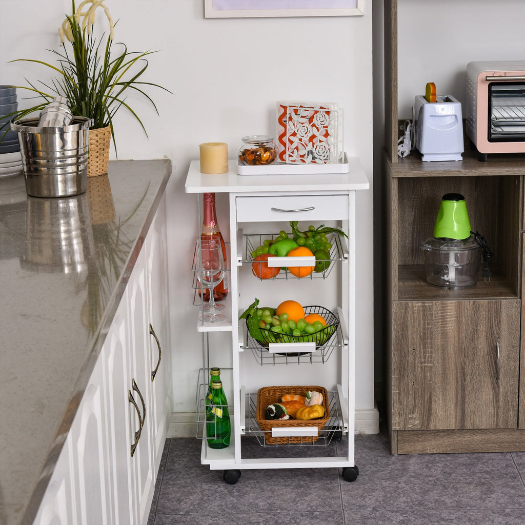 Easycomfort Carrello Isola da Cucina Salvaspazio in Legno di Pino, Carrello Portavivande with 4 Ruote Cassetto 3 Cesti Estraibili Portafrutta, white
