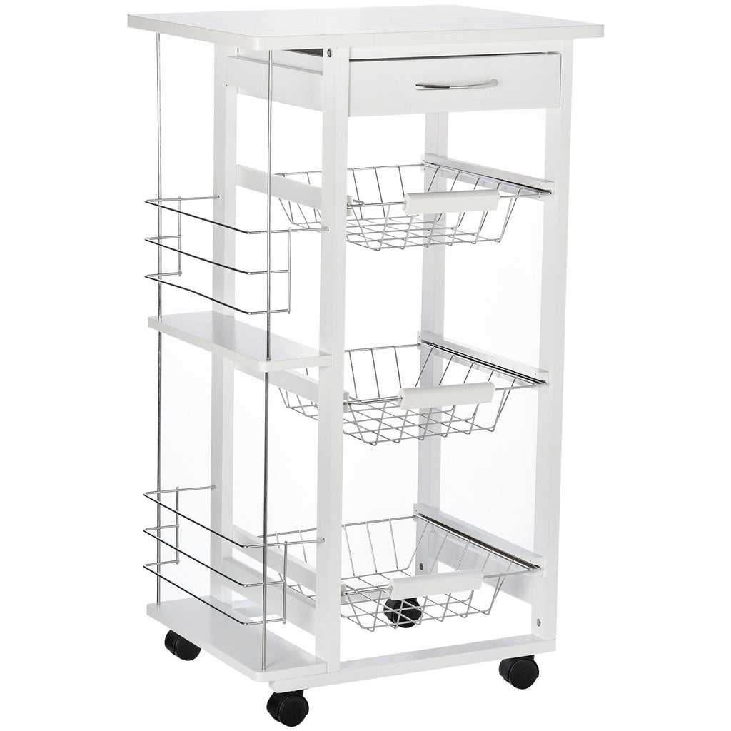 Easycomfort Carrello Isola da Cucina Salvaspazio in Legno di Pino, Carrello Portavivande with 4 Ruote Cassetto 3 Cesti Estraibili Portafrutta, white