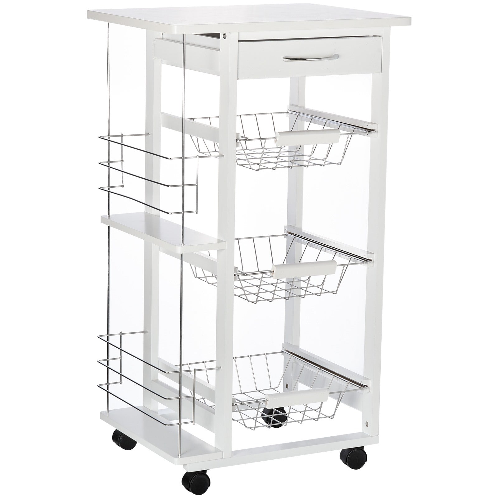 Easycomfort Carrello Isola da Cucina Salvaspazio in Legno di Pino, Carrello Portavivande with 4 Ruote Cassetto 3 Cesti Estraibili Portafrutta, white