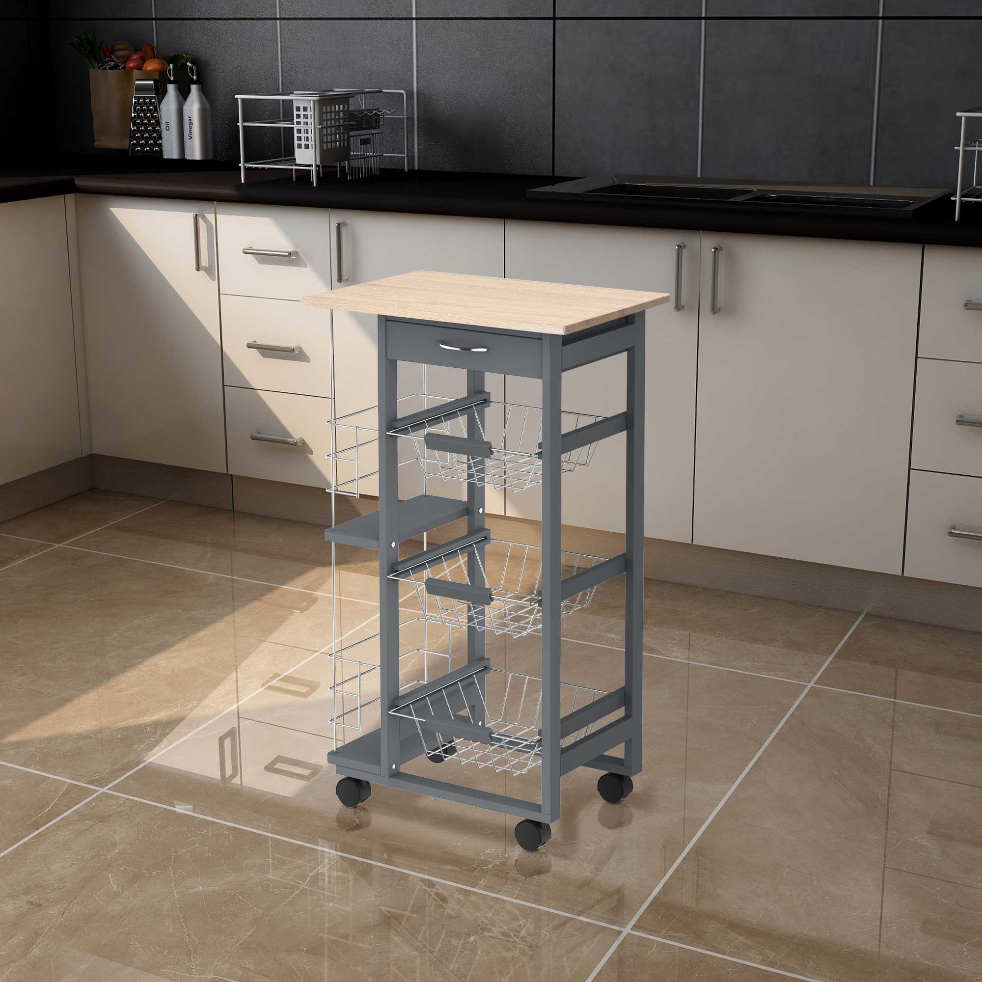 Easycomfort Carrello da Cucina with Cassetti Estraibili e 2 Portabottiglie, in Legno di Pino e Metallo, 47x37x83 cm