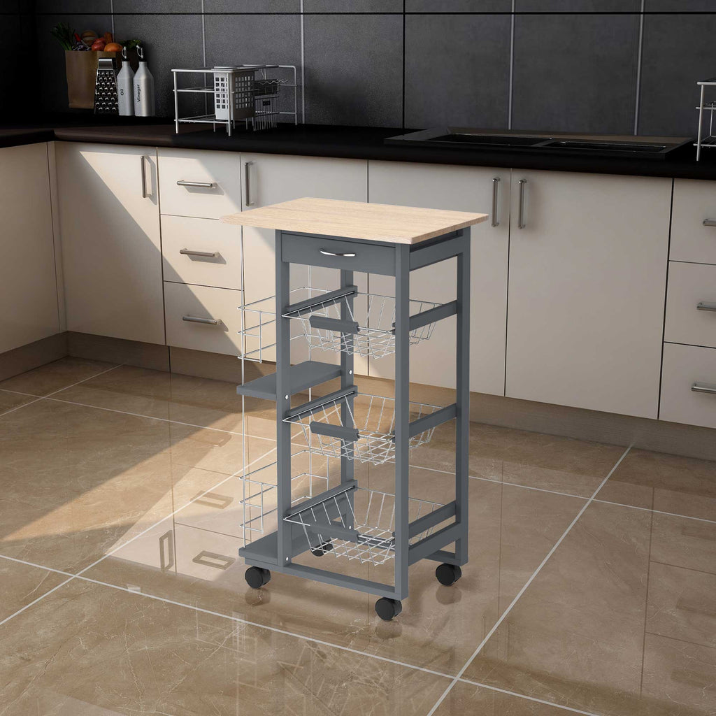 Easycomfort Carrello da Cucina with Cassetti Estraibili e 2 Portabottiglie, in Legno di Pino e Metallo, 47x37x83 cm