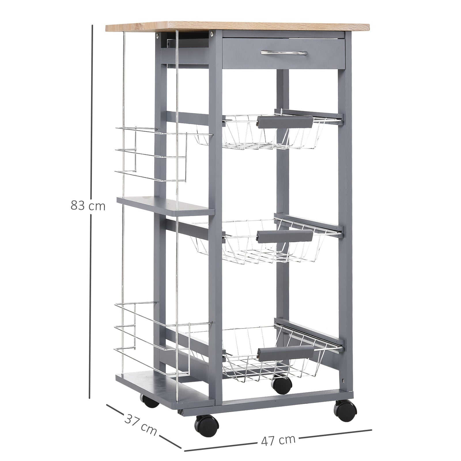 Easycomfort Carrello da Cucina with Cassetti Estraibili e 2 Portabottiglie, in Legno di Pino e Metallo, 47x37x83 cm