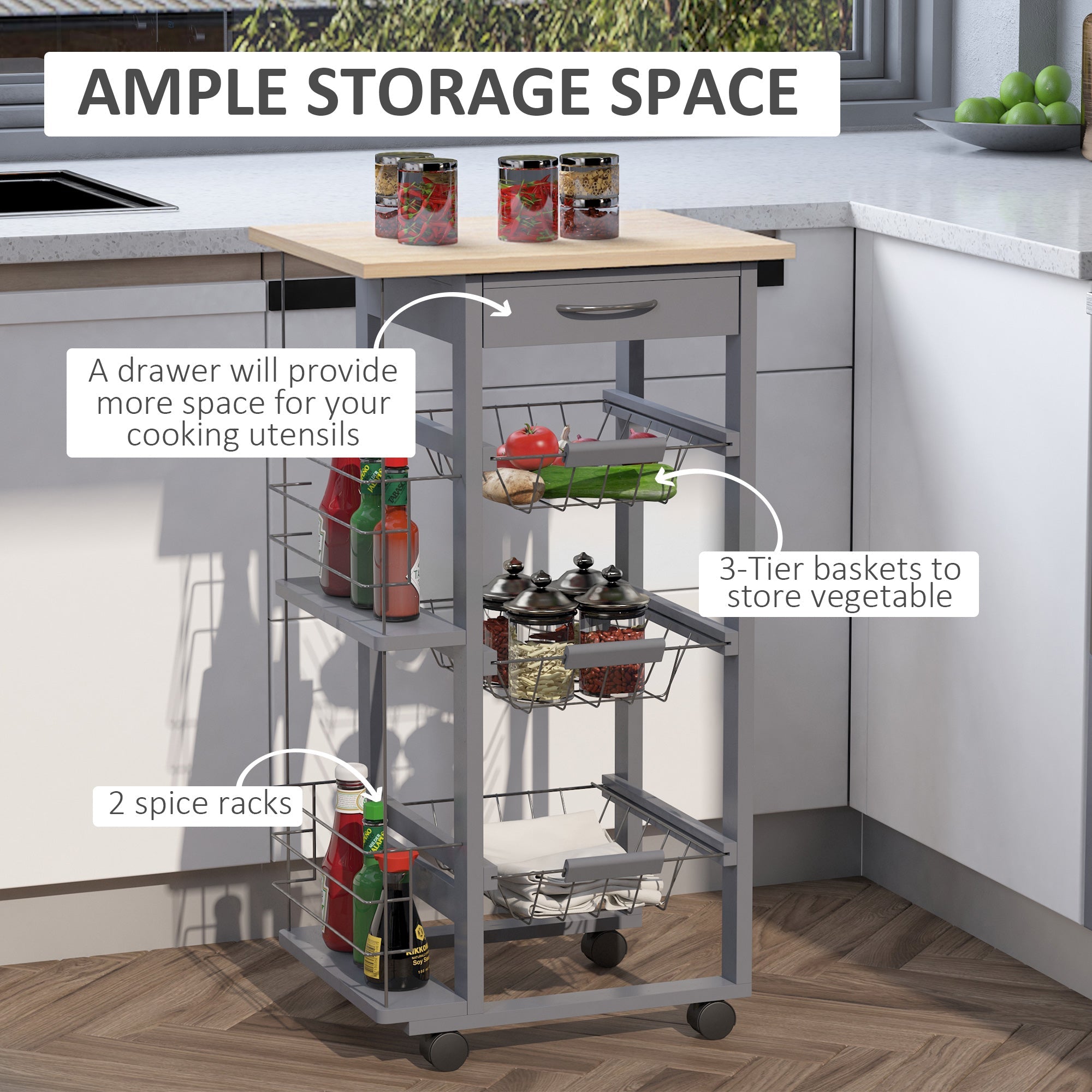 Easycomfort Carrello da Cucina with Cassetti Estraibili e 2 Portabottiglie, in Legno di Pino e Metallo, 47x37x83 cm