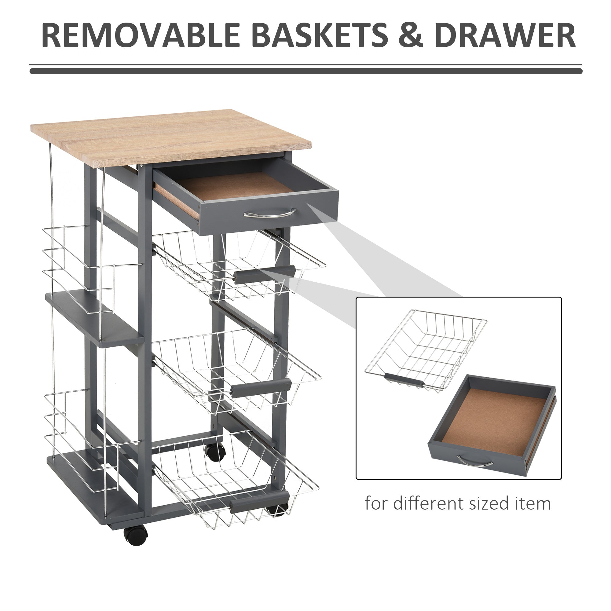 Easycomfort Carrello da Cucina with Cassetti Estraibili e 2 Portabottiglie, in Legno di Pino e Metallo, 47x37x83 cm